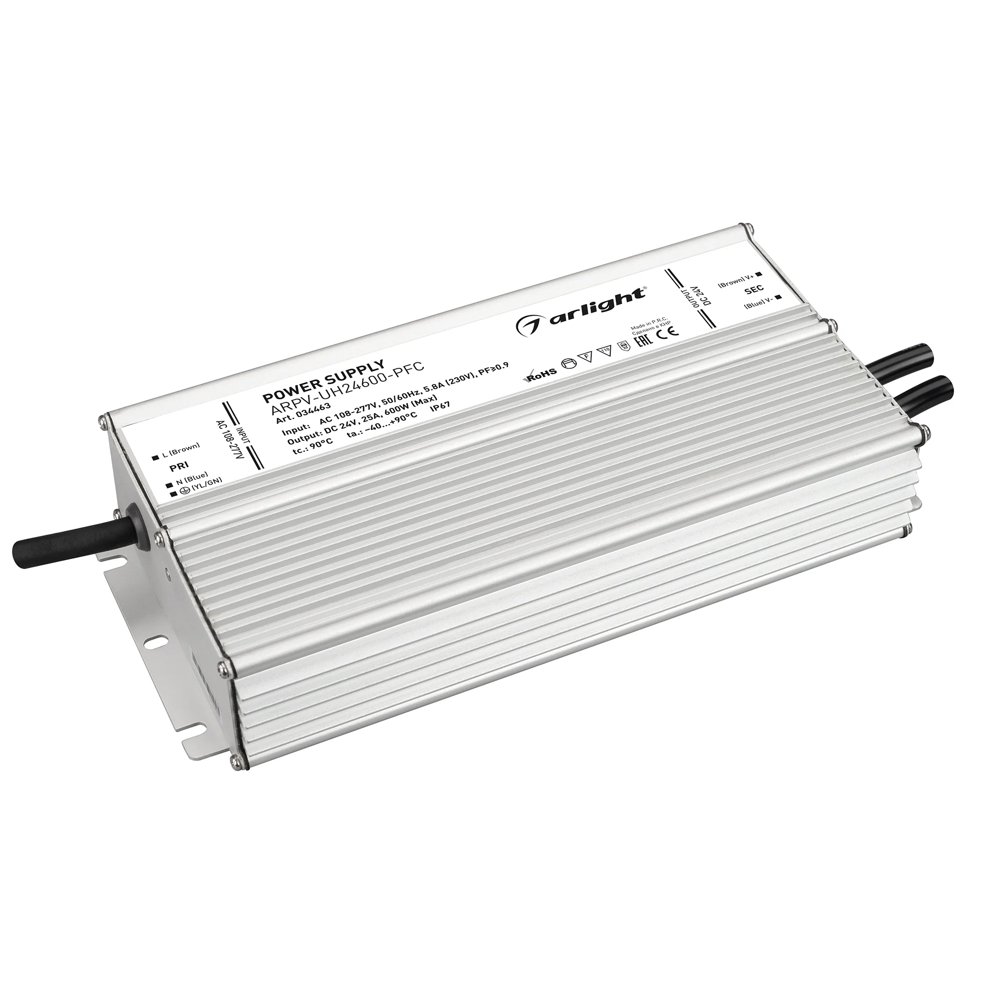 Блок питания ARPV-UH24600-PFC (24V, 25A, 600W) 034463 - Источник напряжения с гальванической развязкой для светодиодных изделий. Входное напряжение 108-277 VAC. Выходные параметры: 24 В, 25 А, 600 Вт. Встроенный PFC >0.9. Герметичный алюминиевый корпус IP
