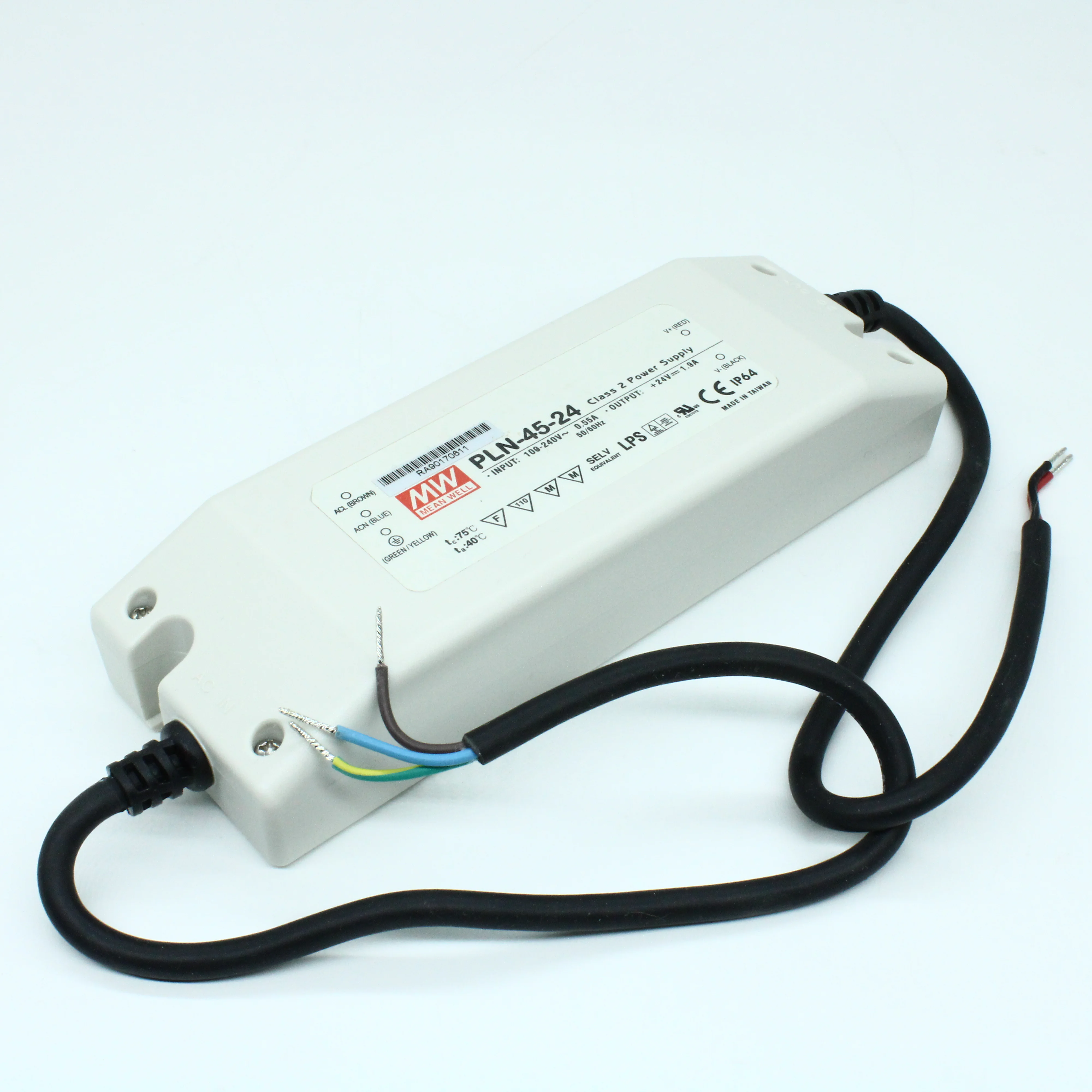 PLN-45-24 - AC-DC led, 46Вт, выход 24В/1.9А,  рег. 24...26В/рег. 3%...-25% ток, стаб. тока/напр., IP64, вход 90…264В AC, 47…63Гц , PFC, изоляция 3750В AC, в кожухе 181х61,5х35мм, -30…+50°С, внутр. потенциометр