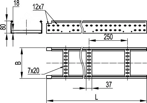 Лоток лестничный 200х80 L3000 сталь 1.2мм LL8020