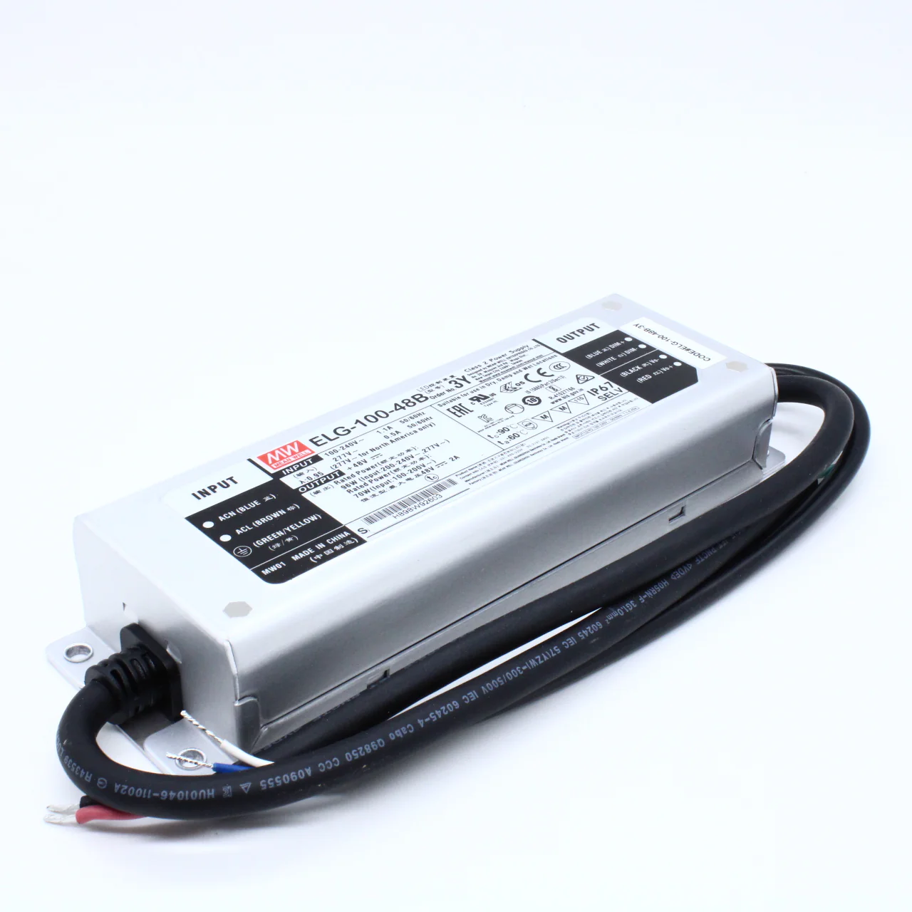 ELG-100-48B-3Y - AC-DC, 96Вт, IP67, вход 100…305В AC, 47…63Гц/142…431В DC, ККМ, выход 24...48В/2А, изоляция 3750В AC, в кожухе 199х63х35,5мм, -40…+70°С, димминг 3 в 1, с проводом заземления