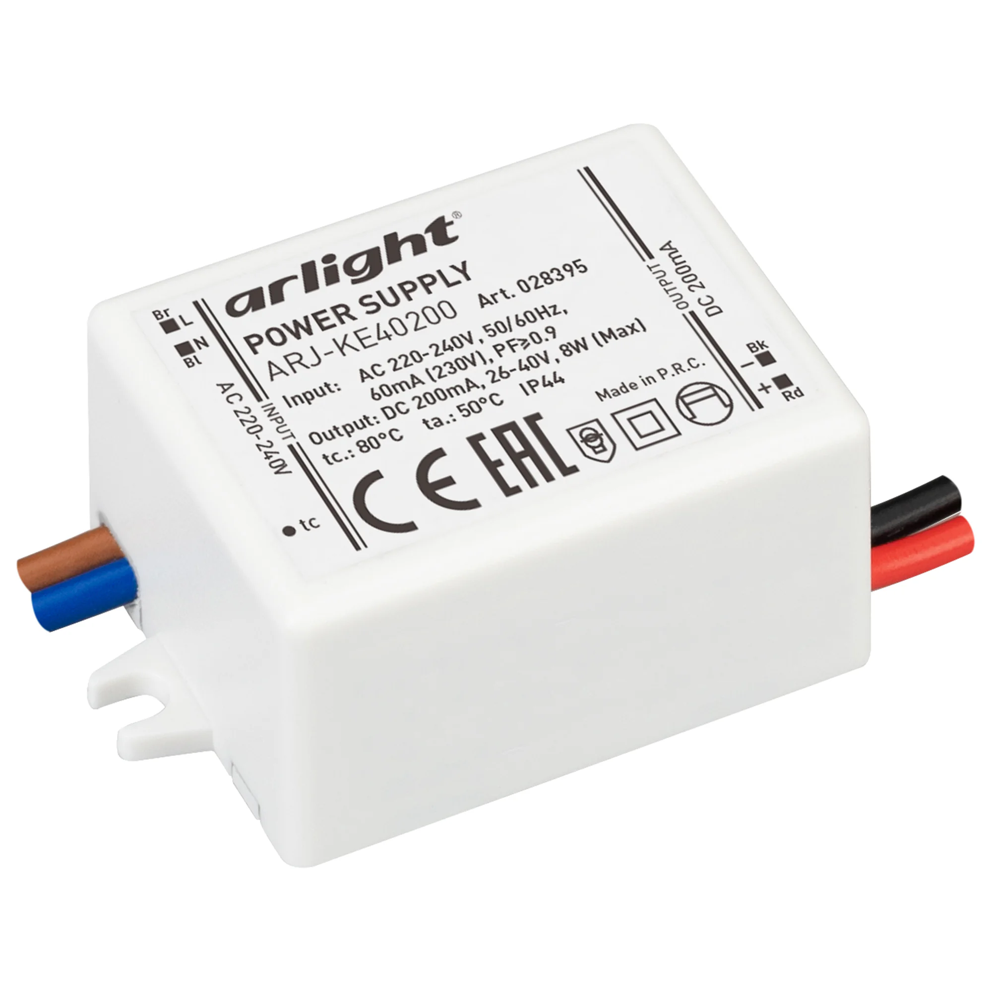 Блок питания ARJ-KE40200 (8W, 200mA, PFC) 028395 - Источник тока с гальванической развязкой для светильников и мощных светодиодов. Входное напряжение 220-240 VAC. Выходные параметры: 26-40 В, 200 mА, 8 Вт. Встроенный PFC >0,95. Негерметичный пластиковый к