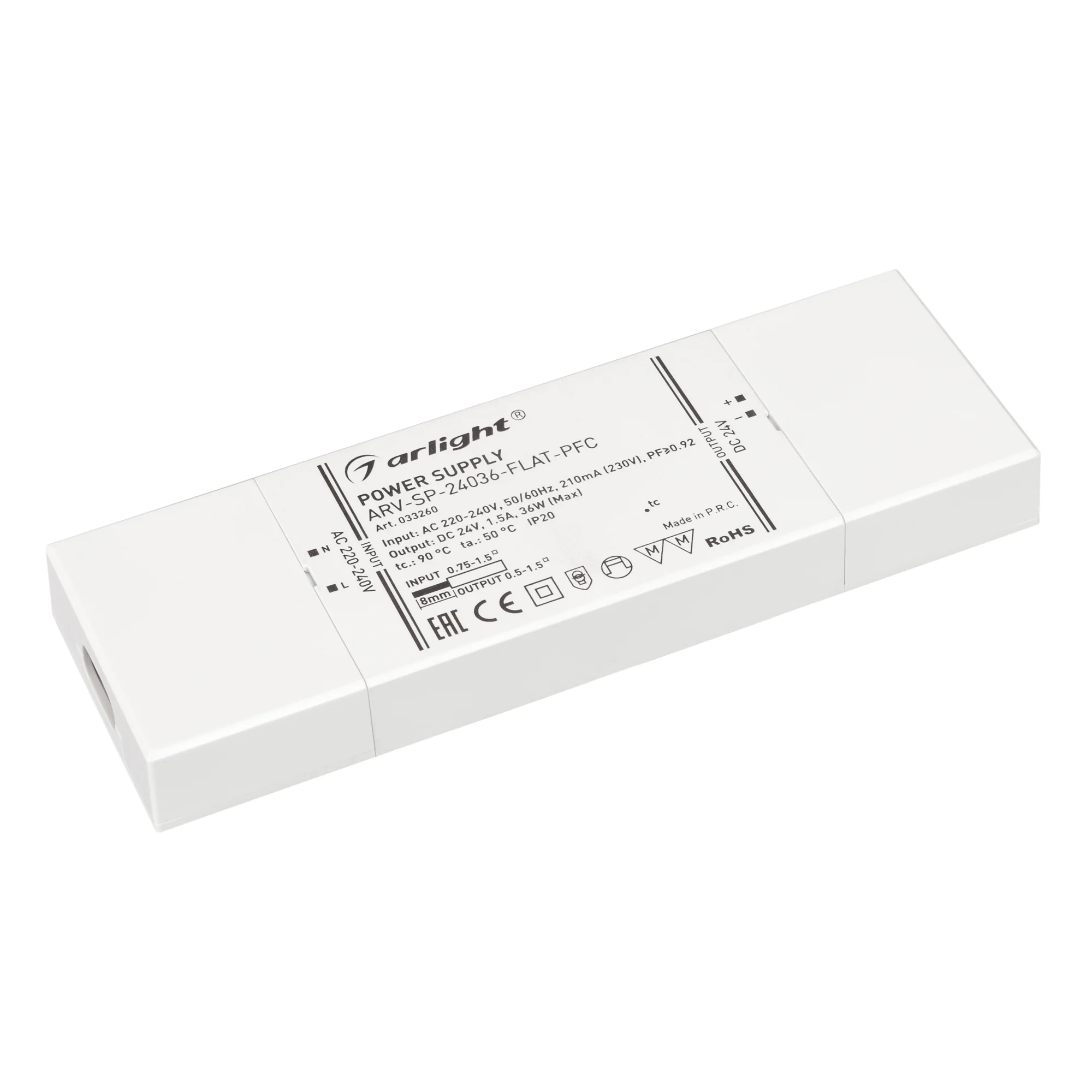 Блок питания ARV-SP-24036-FLAT-PFC (24V, 1.5A, 36W) 033260 - Источник напряжения с гальванической развязкой для светодиодных изделий. Входное напряжение 220-240 VAC. Выходные параметры: 24 В, 1.5 А, 36 Вт. Встроенный PFC >0.92. Сверхтонкий пластиковый кор