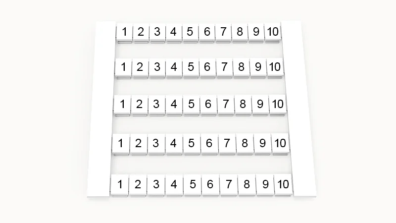 Марк. кассета DEK6-50P-19-01Z(H) - Кассета с шильдиками для клемм WS…, сечением 4 мм кв., боковая, 50 шильдиков, нанесенные символы: 1-10, 5 полосок, с вертикальным расположением, размер шильдика: 5,8х5,5 мм, цвет белый