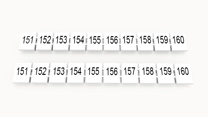 Марк.  полоска ZB8-10P-19-21Z(H) - Маркировочные шильдики для клемм WS…, DC…, PC…, сечением 6 мм кв., центральная, 10 шильдиков нанесенные символы: 151-160, с вертикальным расположением, размер шильдика: 7,45х10,7 мм, цвет белый