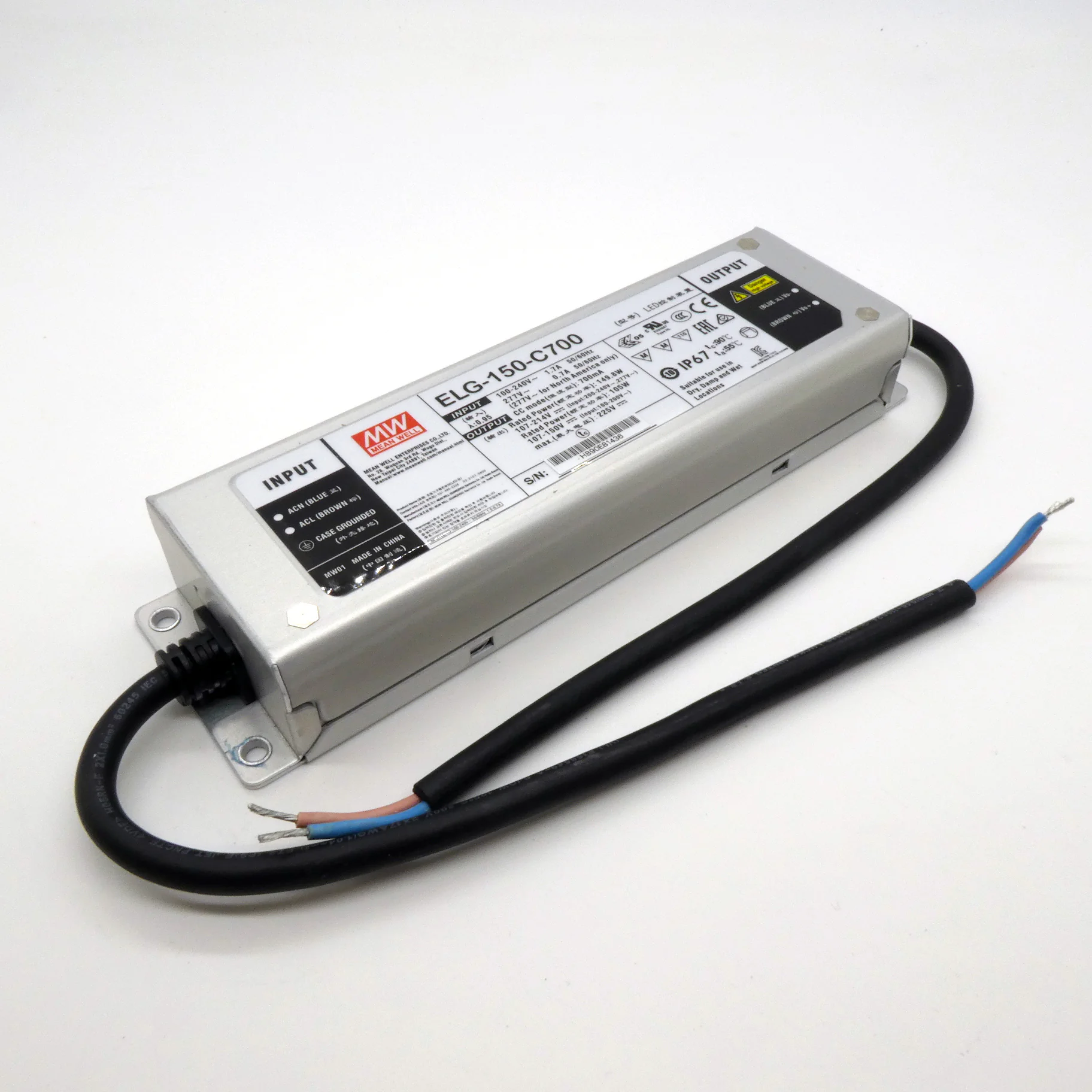 ELG-150-C700 - AC-DC, 149.8Вт, IP67, вход 100…305В AC, 47…63Гц/142…431В DC, ККМ, выход 107…214В/700мА, изоляция 3750В AC, в кожухе 219х63х35.5, -40…+70°С