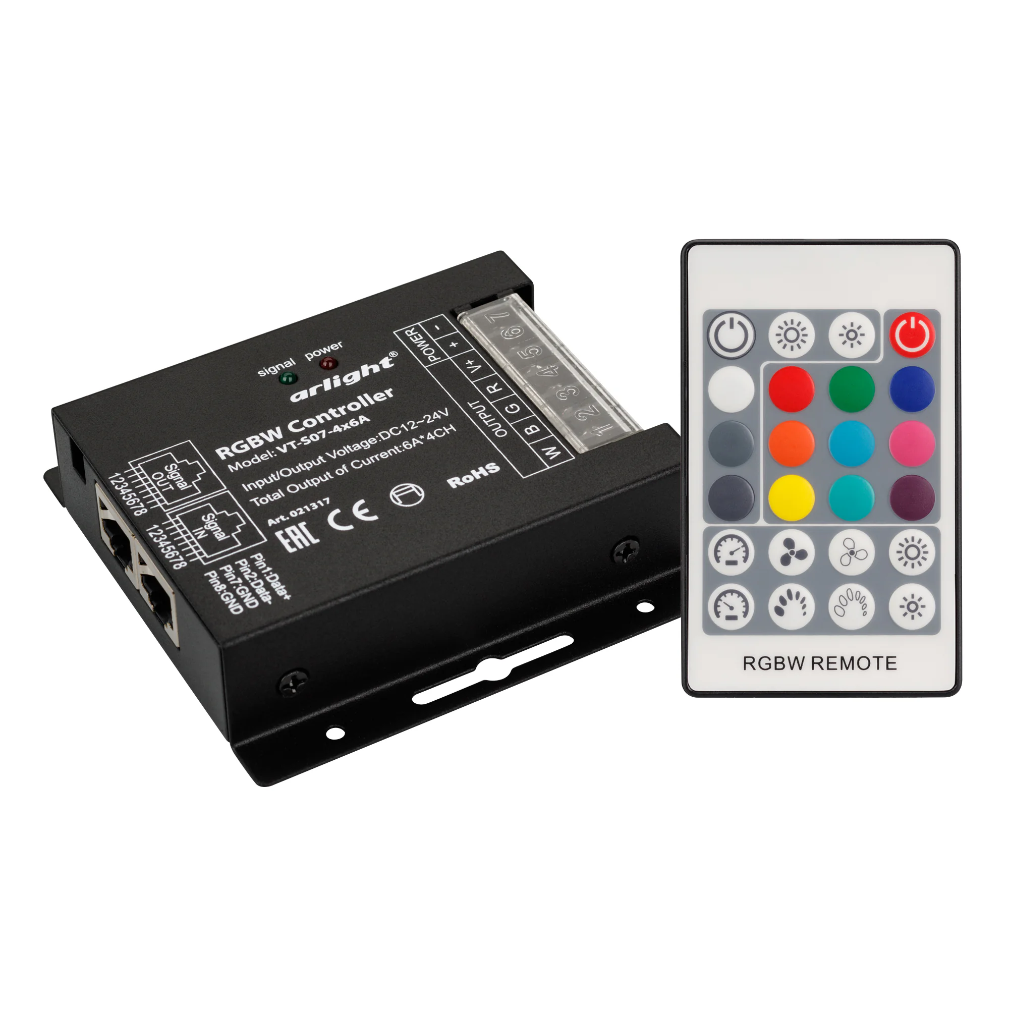 Контроллер VT-S07-4x6A (12-24V, ПДУ 24 кн, RF) 021317 - RGBW-контроллер с RF радиопультом 24 кнопки, регулировка скорости, яркости. Питание 12-24VDC, макс.ток 4х6A, мощность 288-576W. Металлический корпус, мощные винтовые клеммы. Габариты 91х88х24 мм.