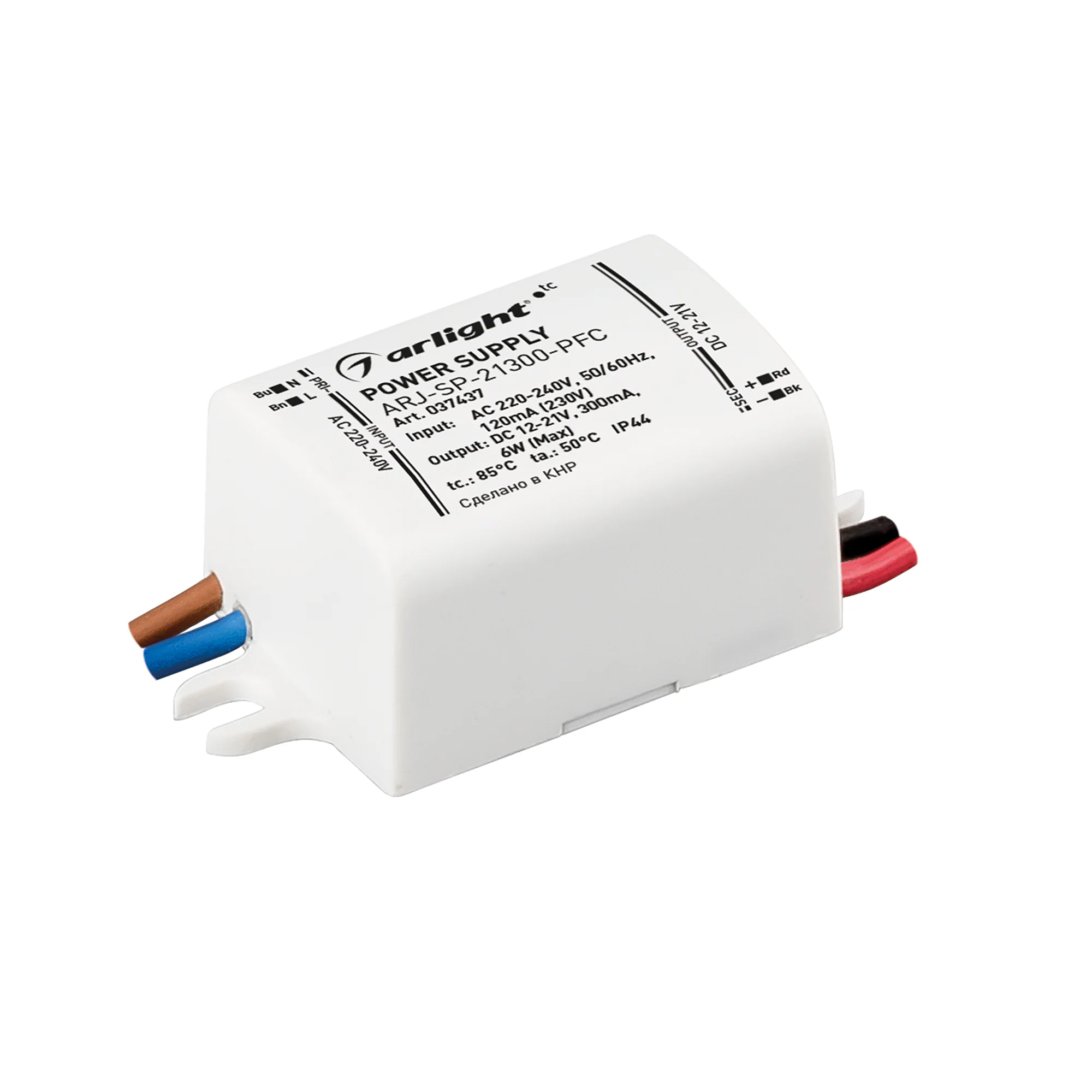 Блок питания ARJ-SP-21300-PFC (6W, 12-21V, 300mA) 037437 - Источник тока с гальванической развязкой для светильников и мощных светодиодов. Входное напряжение 220-240 VAC. Выходные параметры: 12-21 В, 300 mА, 6 Вт. Встроенный PFC >0.8. Негерметичный пласти
