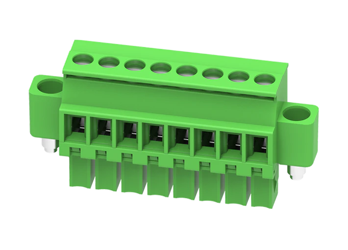 Розеточный разъем на кабель MC-RE3.5V15C-RK-0001 - Розеточный разъем, угловой, на кабель, шаг: 3.5 мм, 15 полюсов, фиксация провода винтовая, исполнение: с монтажными фланцами, 160V, 8A, цвет: зеленый