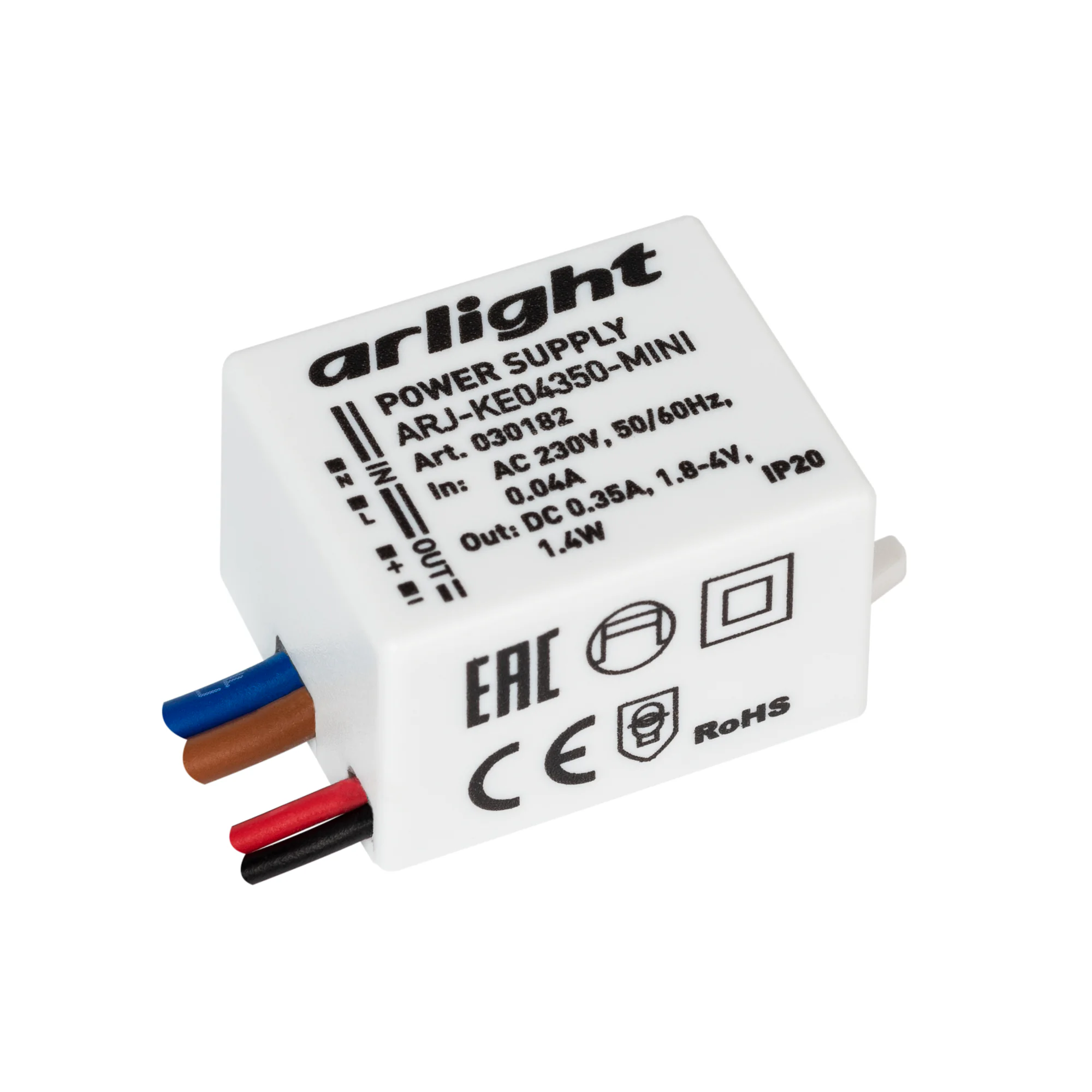 Блок питания ARJ-KE04350-MINI (1.4W, 350mA) 030182 - Источник тока с гальванической развязкой для светильников и мощных светодиодов. Входное напряжение 220-240 VAC. Выходные параметры: 1.8-4 В, 350 mА, 1.4 Вт. Встроенный PFC >0.4. Негерметичный пластиковы