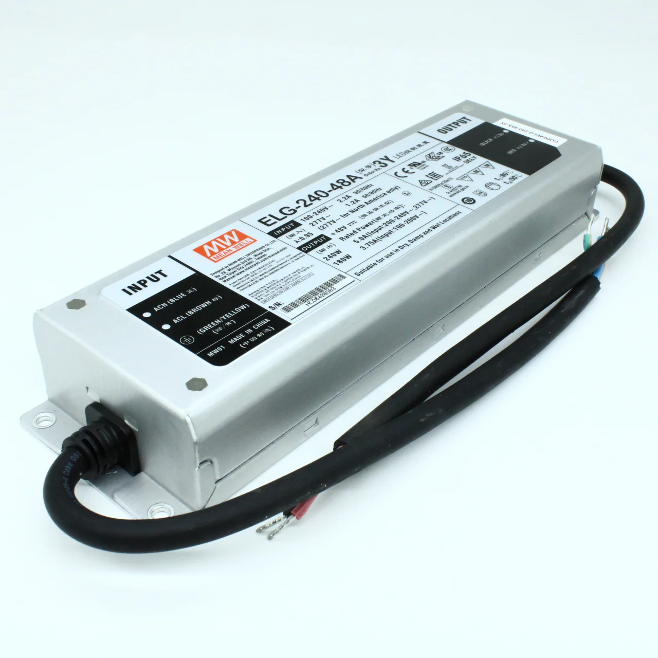 ELG-240-48A-3Y - AC-DC, 240Вт, IP65, вход 100…305В AC, 47…63Гц/142…431В DC, ККМ, выход 24...48В/5А, изоляция 3750В AC, в кожухе 244х71х37.5мм, -40…+85°С (корпус), потенциометры, провод заземления