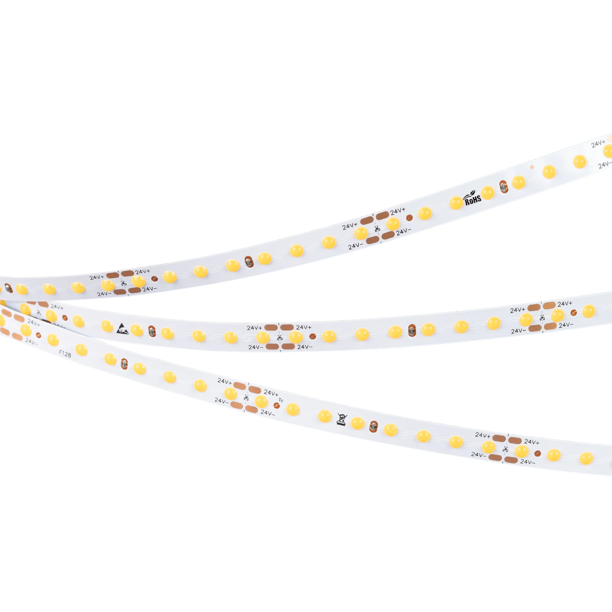 Лента DOT-X128-8mm 24V Warm3000 (11 W/m, IP20, 5m) 040235 - Лента DOT с видимой световой точкой. Светодиод Point Light, 128 шт/м (640 шт на 5 м), белая плата, ширина 8 мм, скотч 3M. Цвет ТЕПЛЫЙ 3000 K, цветопередача CRI>80, угол 145°. Питание 24 В, мощнос
