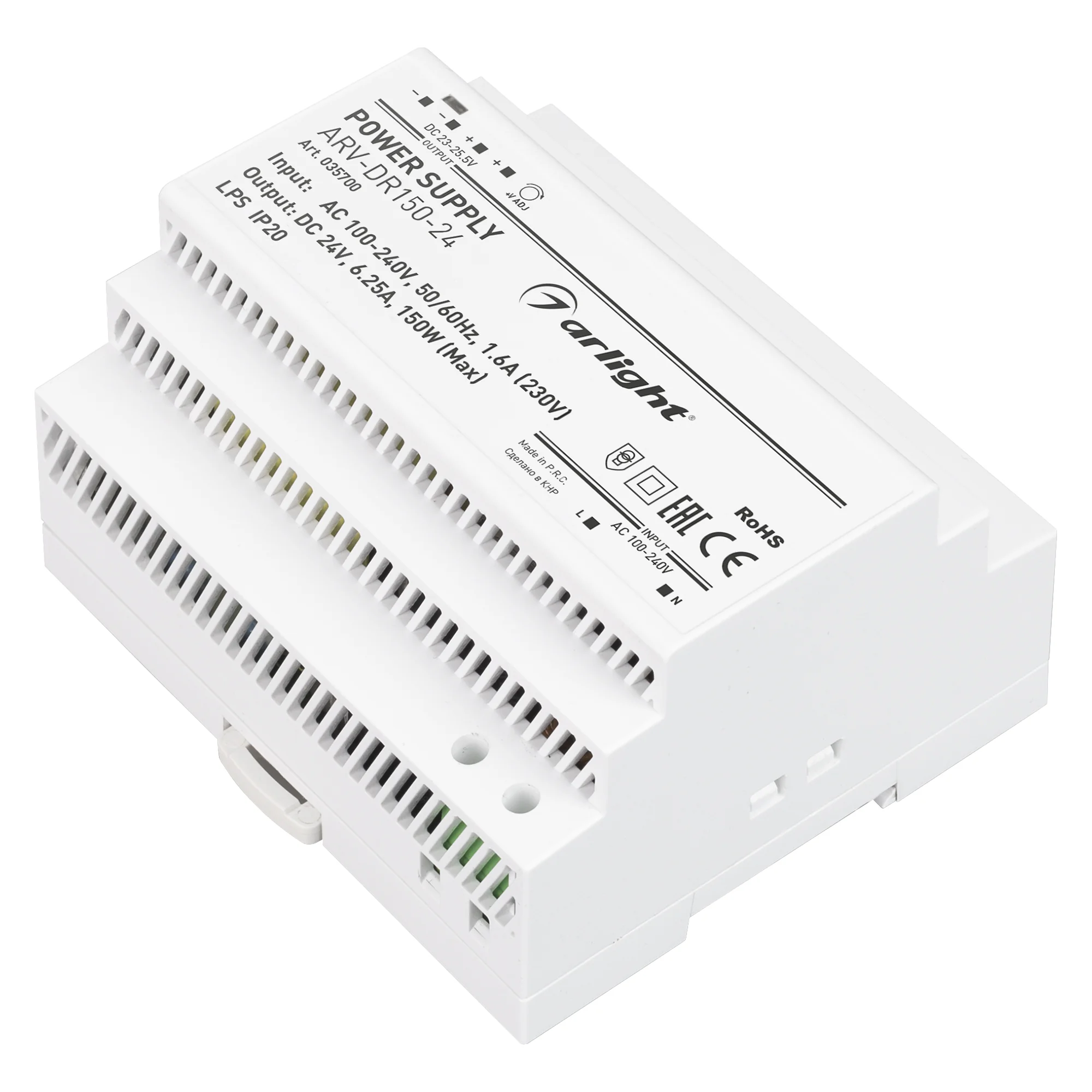 Блок питания ARV-DR150-24 (24V, 6.25A, 150W) 035700 - Источник напряжения с гальванической развязкой для светодиодных изделий. Входное напряжение 100-240 VAC. Выходные параметры: 24 В, 6.25 А, 150 Вт. Негерметичный пластиковый корпус IP 20 для установки н