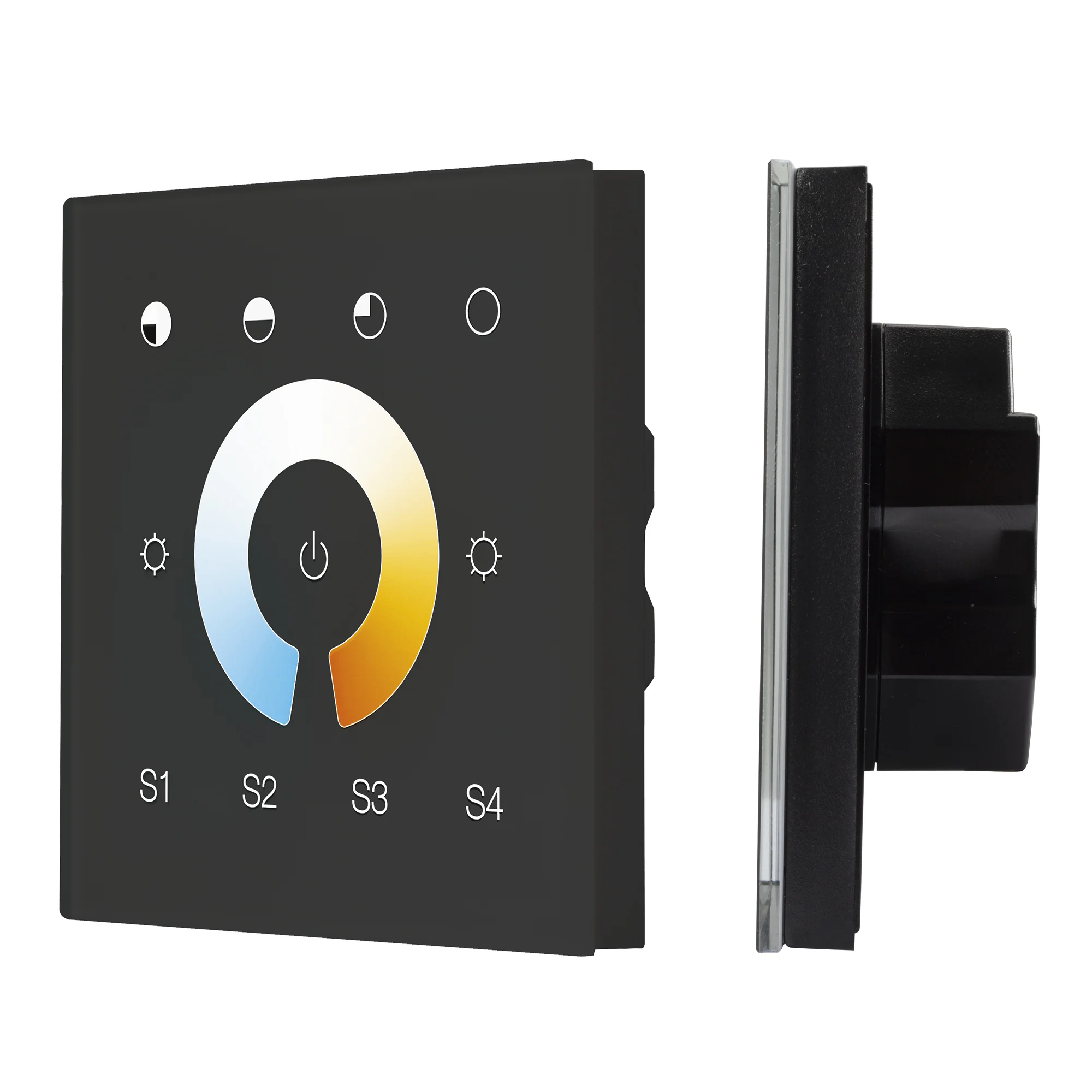 INTELLIGENT ARLIGHT Сенсорная панель DALI-901-11-1G-4SC-MIX-DT8-IN Black (BUS/230V) 037195 - Настенная встраиваемая стеклянная панель чёрного цвета с сенсорным управлением (сенсорное кольцо и 11 сенсорных кнопок) для светодиодных MIX-источников света. 1 з