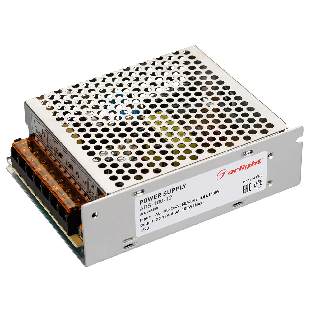 Блок питания ARS-100-12 (12V, 8.3A, 100W) 023608 - Источник напряжения с гальванической развязкой для светодиодных изделий. Входное напряжение 185-264 VAC. Выходные параметры: 12 В, 8,3 А, 100 Вт. Встроенный PFC >0,5. Негерметичный алюминиевый сетчатый ко