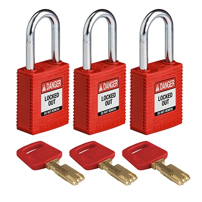 gws150271 - Замки SafeKey нейлоновые со стальной дужкой, высота дужки – 38 мм, диаметр дужки – 6.4 мм, нейлоновый корпус, размеры корпуса – 46х38х19 мм, система "Одинаковые ключи", цвет – красный, 3 шт/упак