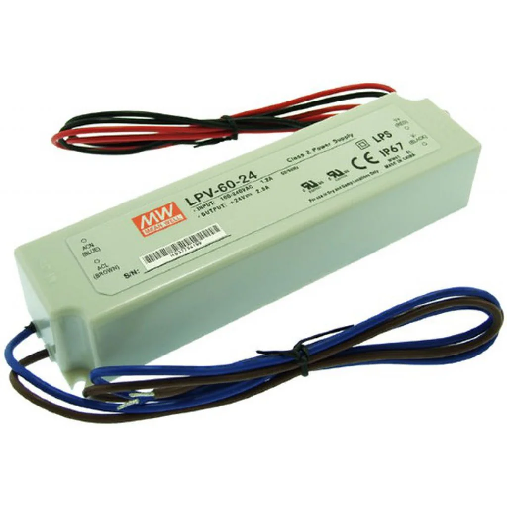 LPV-60-24 - AC-DC, 60Вт, IP67, вход 90…264В AC, выход 24В/2,5А,изоляция 3000В AC, в кожухе 162,5х42,5х32мм, -30…+70°С