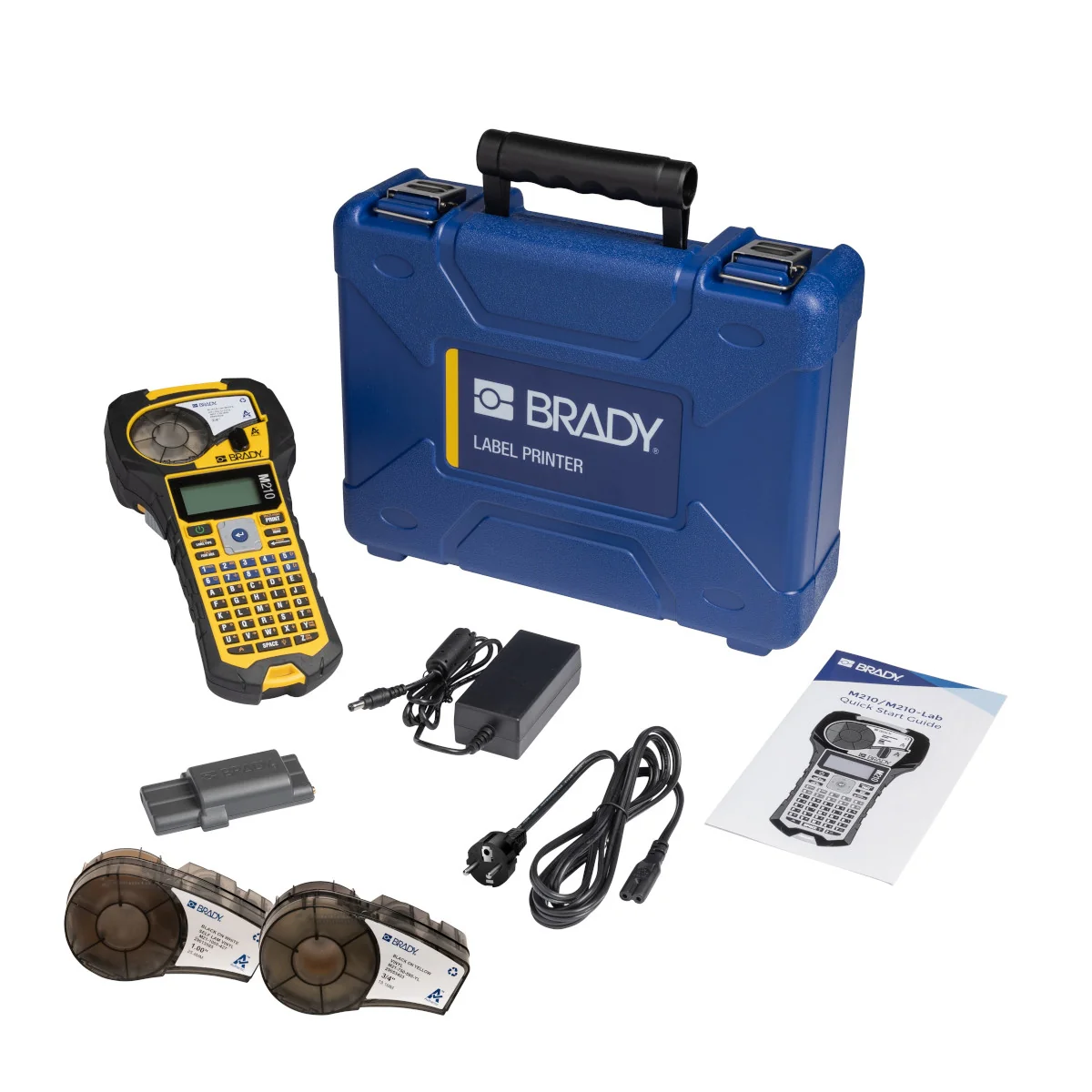 brd311311 - Принтер BRADY M210-Elec-kit EU (Eng). Комплект монтажника: принтер M210 с английской клавиатурой, жесткий пластиковый кейс, литий-ионный аккумулятор, шнур питания, картриджи M21-750-499, M21-750-595-YL, M21-1000-427