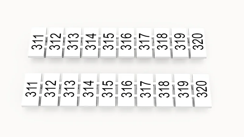 Марк.  полоска ZB5-10P-19-253Z(H) - Маркировочные шильдики для клемм WS…, DC…, PC…, сечением 2,5 мм кв., центральная, 10 шильдиков, нанесенные символы: 311-320 с горизонтальнымрасположением, размер шильдика: 4,55х10,7 мм, цвет белый