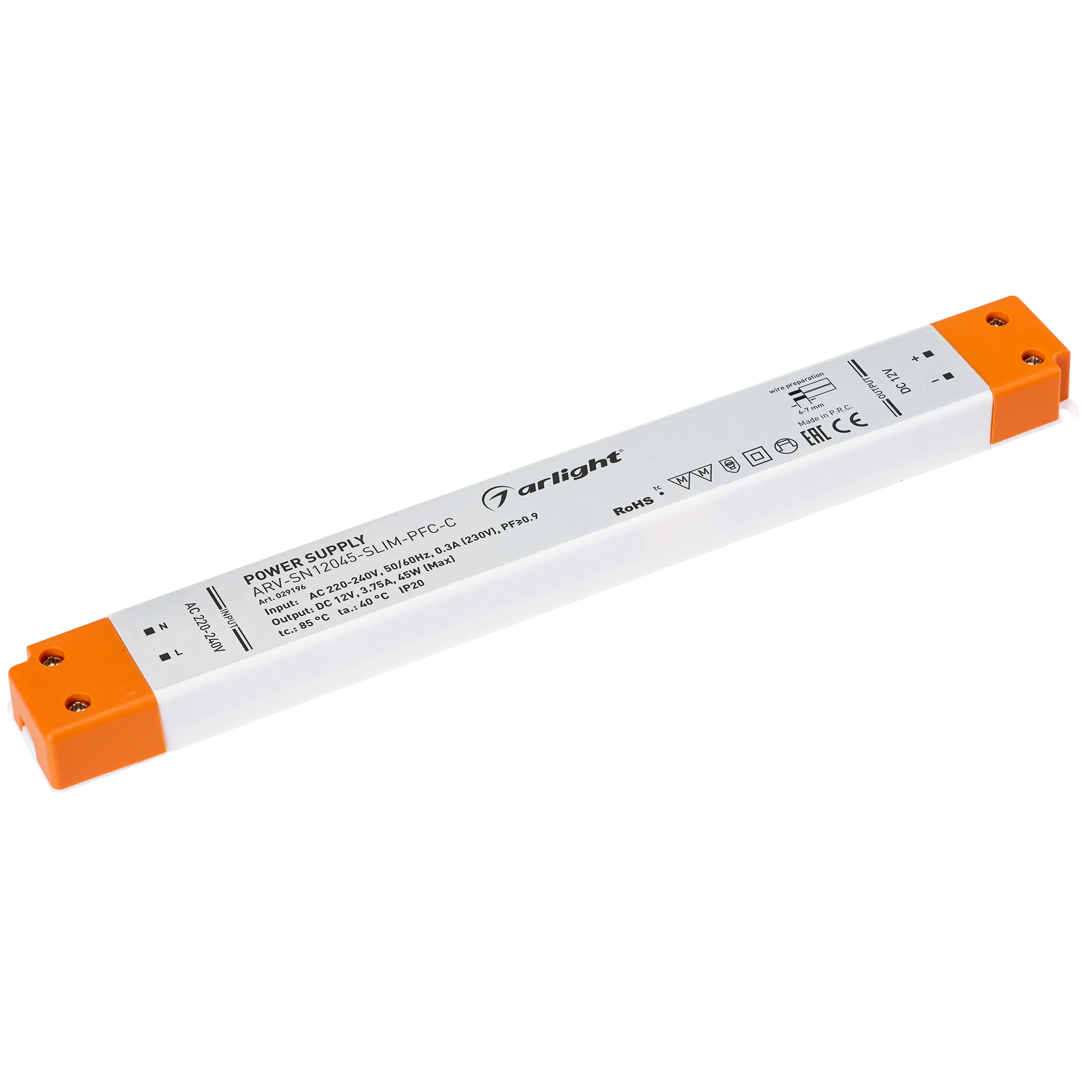 Блок питания ARV-SN12045-SLIM-PFC-C (12V, 3.75A, 45W) 029196 - Источник напряжения с гальванической развязкой для светодиодных изделий. Входное напряжение 220-240 VAC. Выходные параметры: 12 В, 3,75 А, 45 Вт. Встроенный PFC >0,9. Негерметичный пластиковый