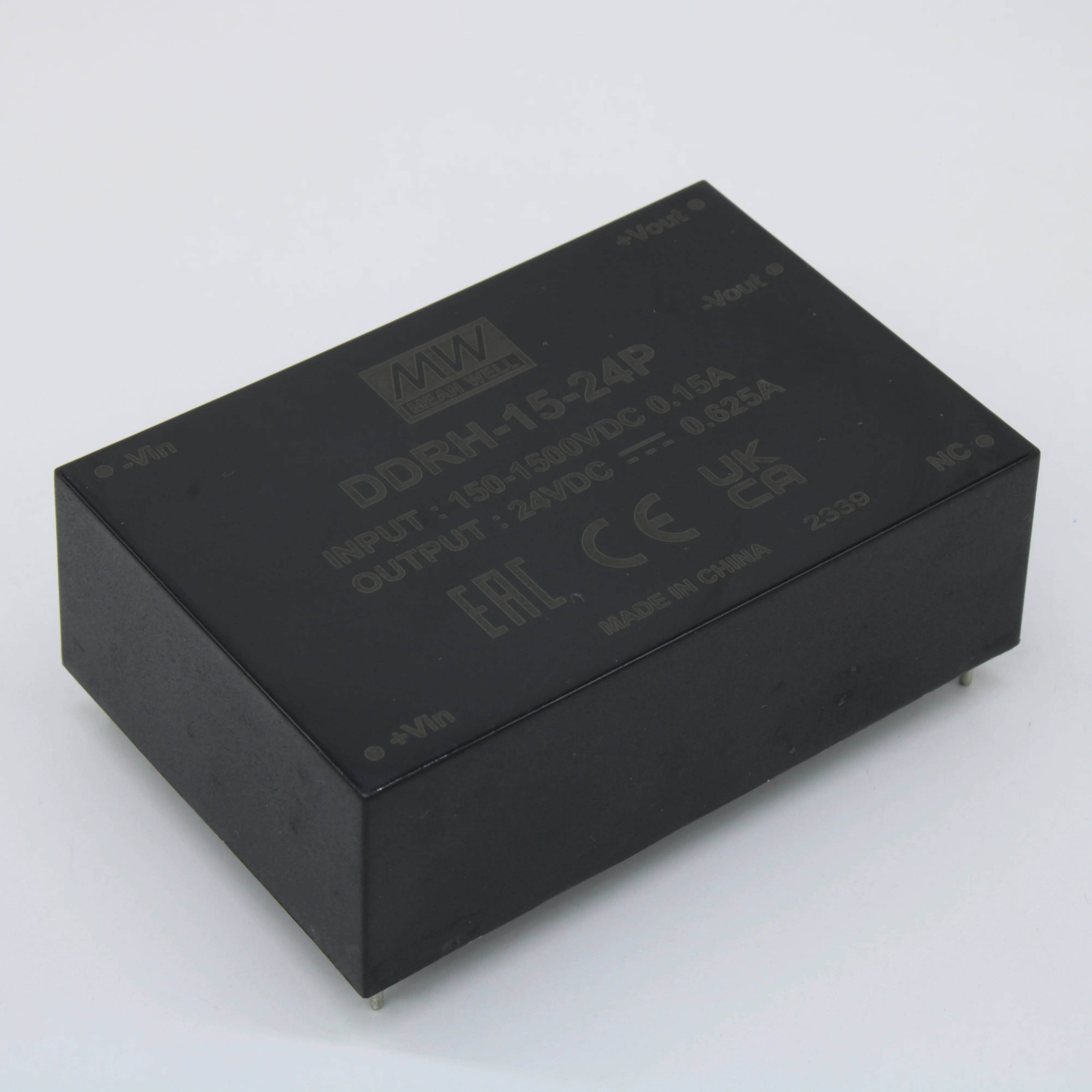 DDRH-15-24P - Преобразователь DC/DC, 15Вт, вход 150…1500 В DC, выход 24В/0.625А, КПД=88%, изоляция 4000В DC, максимальная емкостная нагрузка 625мкФ, 76.2х50.8х25мм, -40...+85°С, в плату