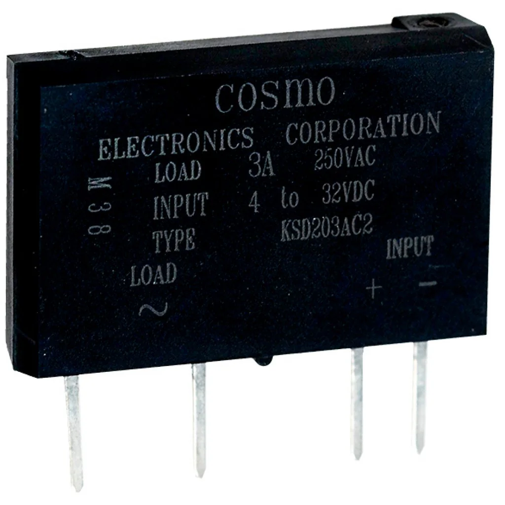 KSD203AC2 - Реле твердотельное для коммутации переменного тока 250В 3А, вход 4-32В DC, изоляция 4кВ, схема перехода через ноль, светодиодный индикатор, нормально открытое, -30...+100°C