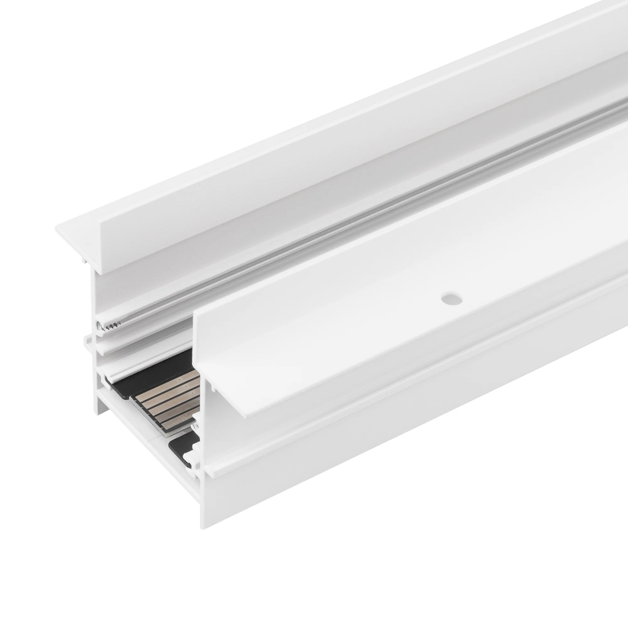 Трек встраиваемый MAG-TRACK-4560-FDW-2000 (WH, 5LN) 046841 - Встраиваемый магнитный трек с фланцем для монтажа в гипсокартонный потолок, длина 2000 мм. DC24V. Материал алюминий, цвет белый. Две заглушки в комплекте. 5 токопроводящих дорожек (возможность у