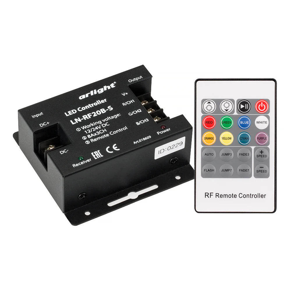 Контроллер LN-RF20B-S (12-24V, 288-576W, ПДУ 20кн) 018609 - RGB-контроллер увеличенной мощности с RF (радио) пультом 20 кнопок. 21 программа, скорость, яркость, прямой выбор цвета. Вход/выход 12-24VDC, макс.ток 3х8А. Выходная мощность 12V:<288W, 24V:<576W