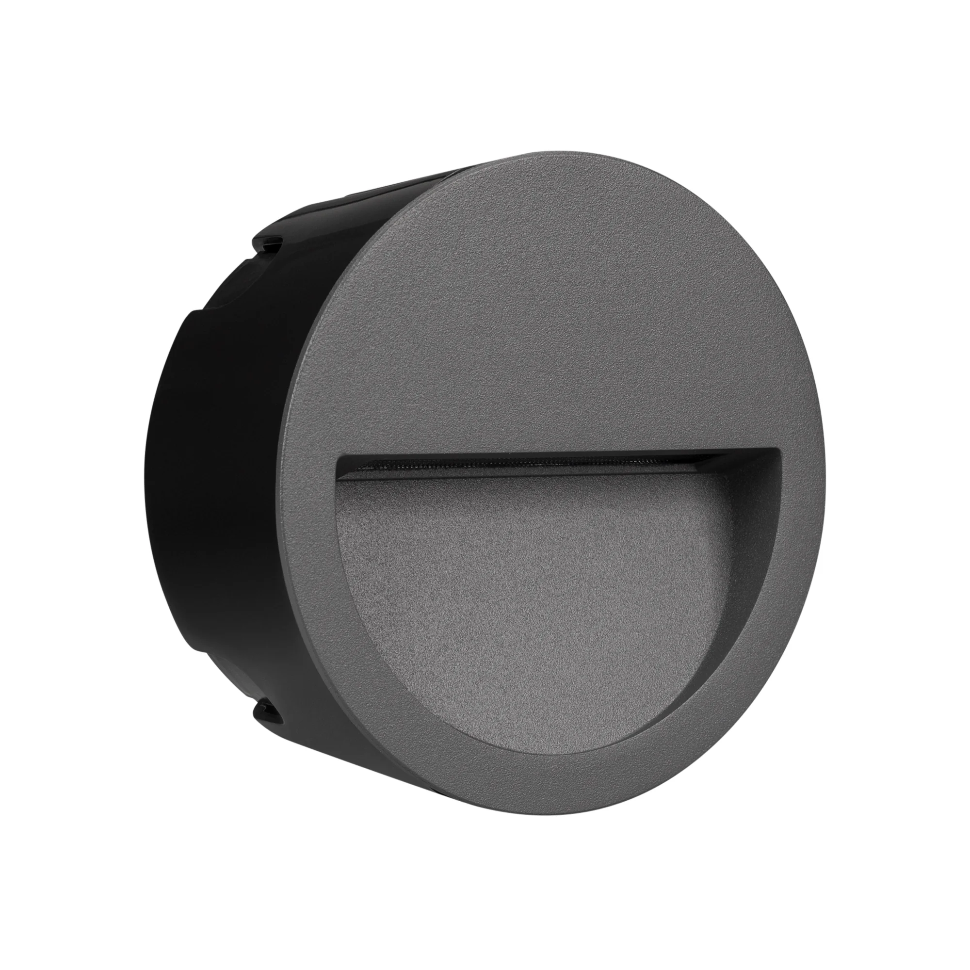 Светильник LTD-TRAIL-R115-4W Warm3000 (GR, 65 deg, 230V) 029962 - Светодиодный встраиваемый круглый светильник для стен, лестниц, 4Вт. Цвет ТЕПЛЫЙ БЕЛЫЙ 3000K, св.поток 220лм, CRI(Ra)>80, угол 65°, асимметричный свет. Размер Ф115x37мм (закладная часть O10