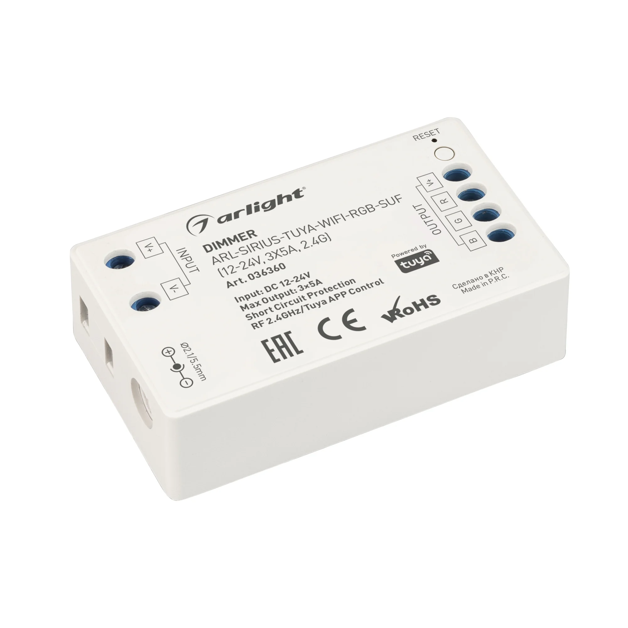 Диммер ARL-SIRIUS-TUYA-WIFI-RGB-SUF (12-24V, 3x5A, 2.4G) 036360 - Контроллер трёхканальный для RGB светодиодных лент. Питание/рабочее напряжение 12-24VDC, максимальный ток 5A на канал, 3 канала, максимальная мощность 180-360W. Частота ШИМ 1.95kГц, Wi-Fi 2
