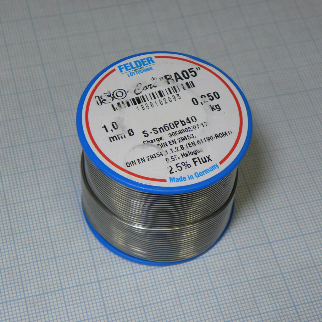 Припой Sn60Pb40 RA05  1.0мм 250гр - Припой трубчатый оловянно-свинцовый ПОС61, 2.5% флюс RA05 активный с низким содержанием галогенов (ROM1)