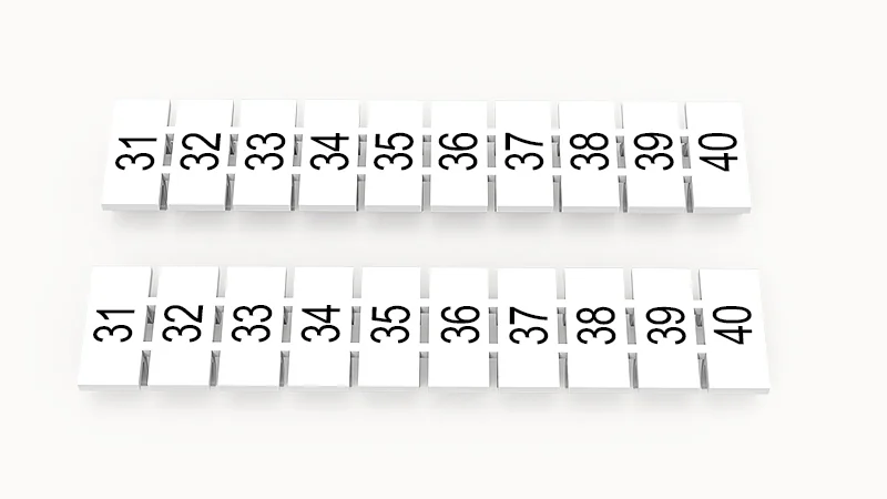 Марк.  полоска ZB6-10P-19-239Z(H) - Маркировочные шильдики для клемм WS…, DC…, PC…, сечением 4 мм кв., центральная, 10 шильдиков нанесенные символы: 31-40, с горизонтальным расположением, размер шильдика: 5,55х10,7 мм, цвет белый