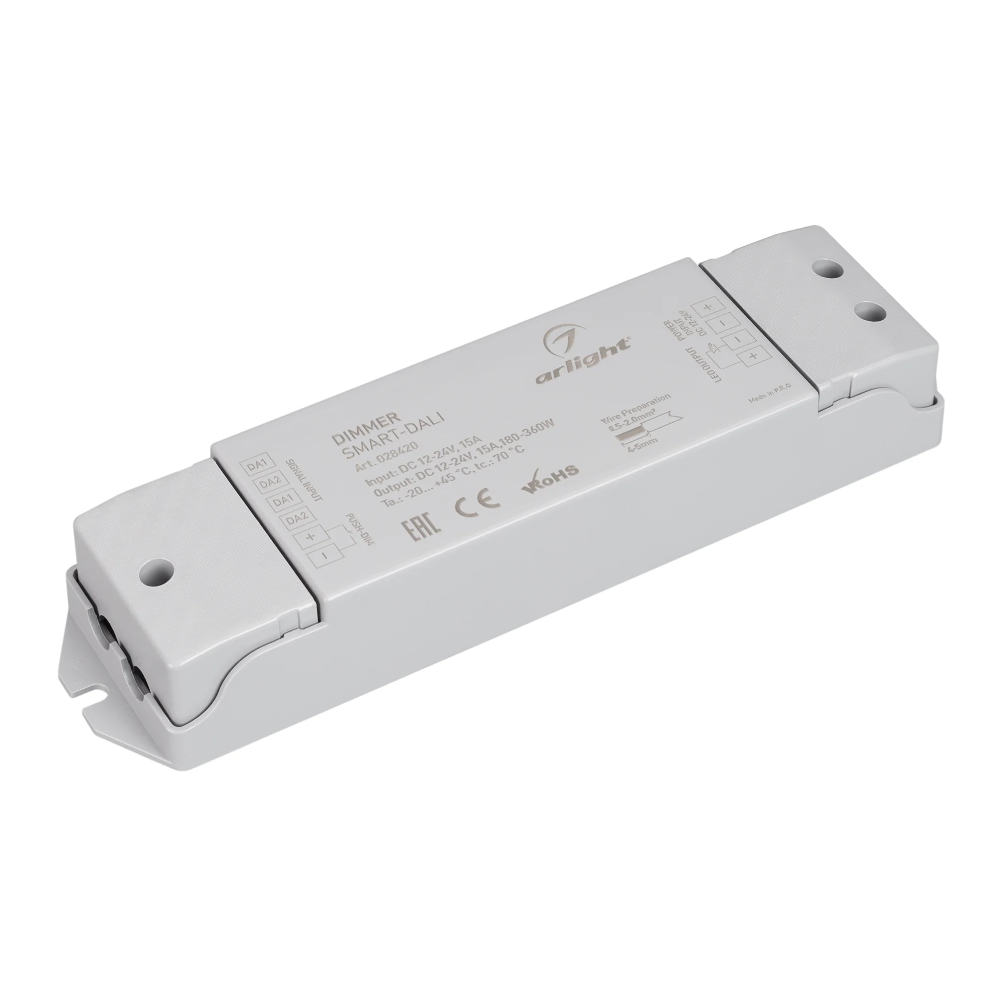 Диммер SMART-DALI (12-24V, 1x15A) 028420 - Диммер DALI для одноцветных светодиодных лент. 1 адрес устройства, 1 канал управления. Питание/выход DC 12-24V, ток нагрузки 1x15A, максимальная суммарная мощность нагрузки 180-360W. Размер 175х45х27 мм.