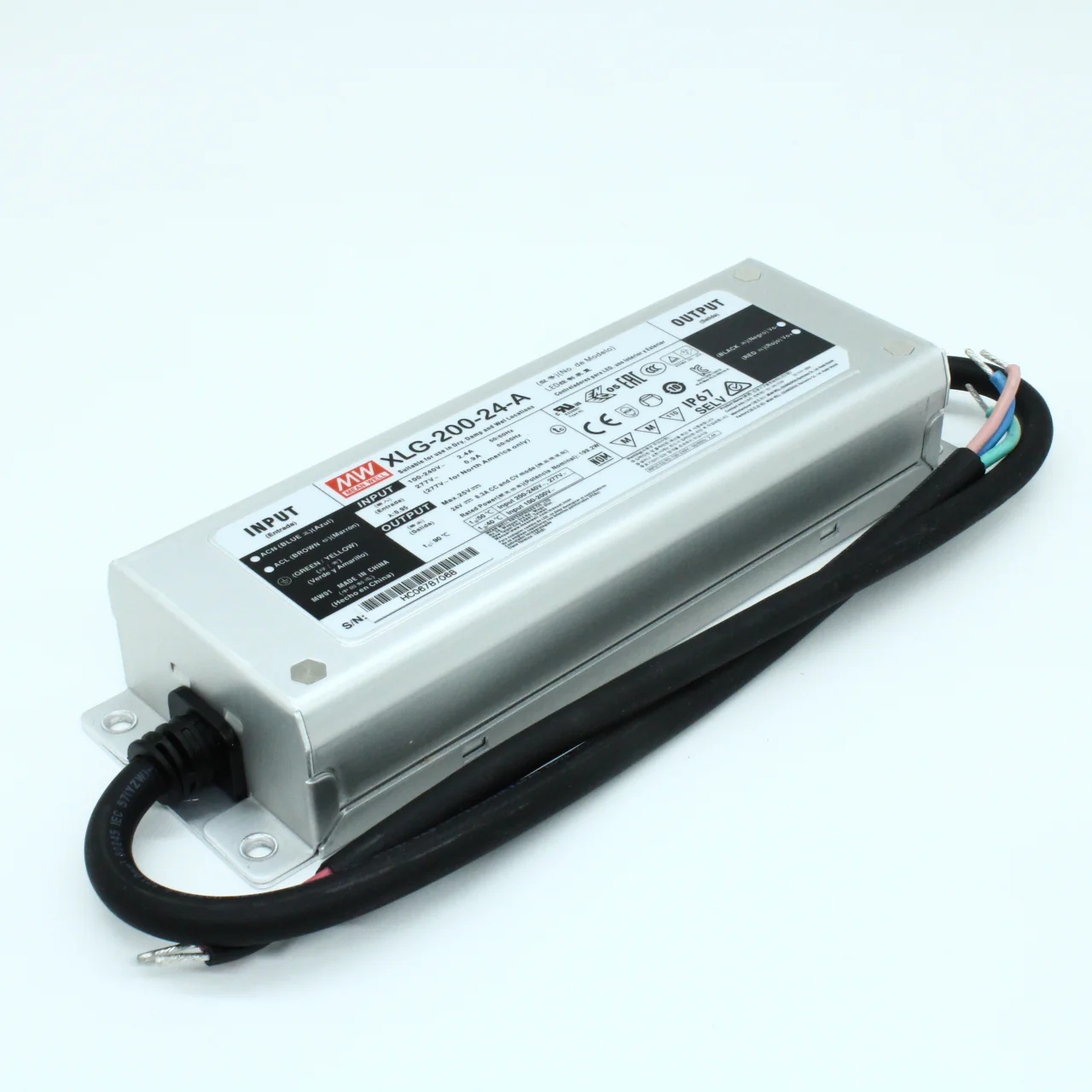 XLG-200-24-A - AC-DC, 192Вт, IP67, вход 90…305В AC, 47…63Гц, ККМ, выход 8.3А/16.8…24В, изоляция 3750В AC, в кожухе 199х63х35.5мм, -40…+90°С (корпус), встр. потенциометр