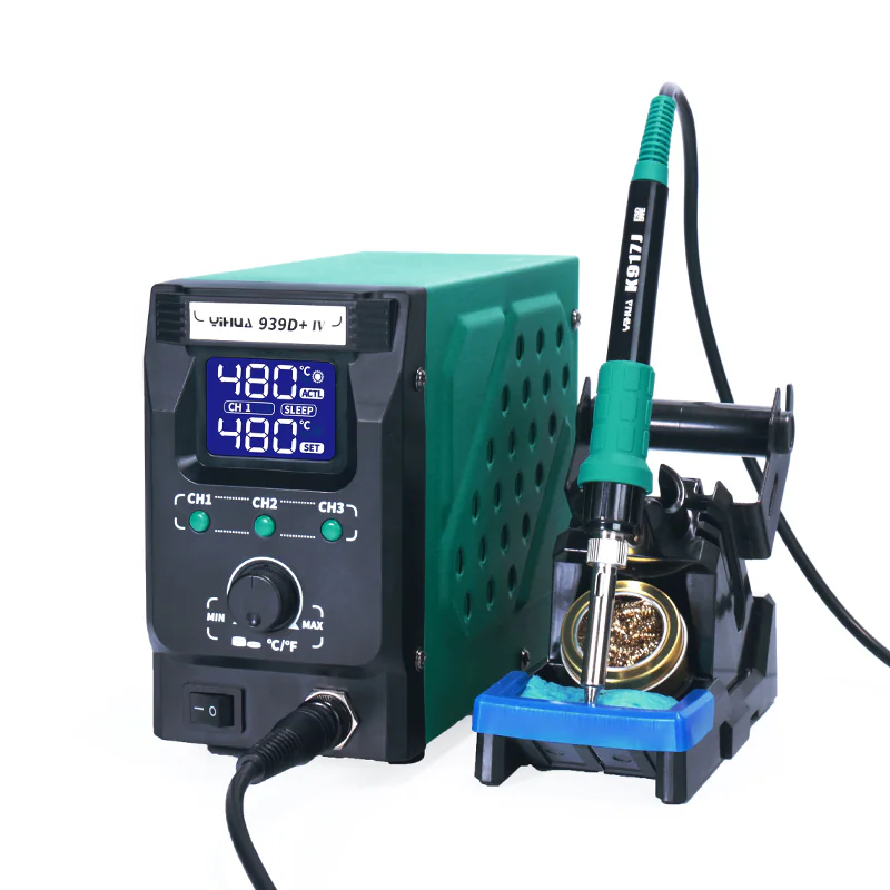 YIHUA 939D+-IV - Паяльная станция 120Вт, регулировка температуры нагрева 200°C~480°C, в комплекте латунная стружка с канифолью, губка для чистки жала