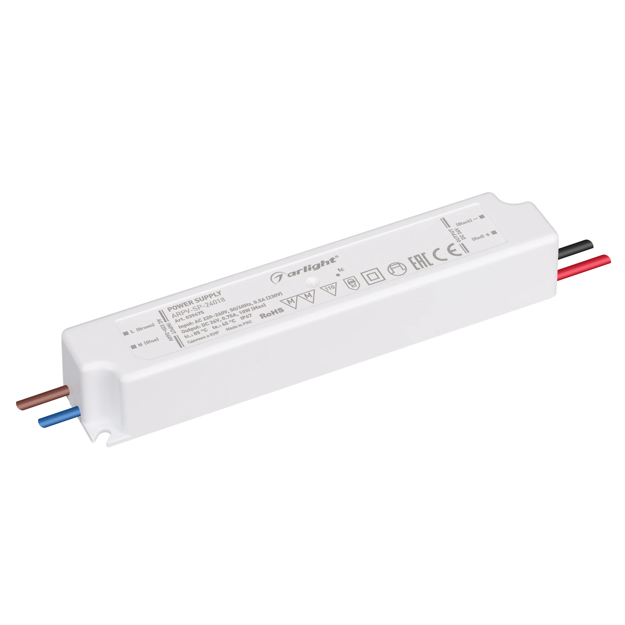 Блок питания ARPV-SP-24018 (24V, 0.75A, 18W) 039675 - Источник напряжения с гальванической развязкой для светодиодных изделий. Входное напряжение 220-240 VAC. Выходные параметры: 24 В, 0.75 А, 18 Вт, PF >0.5. Герметичный пластиковый корпус IP 67. Рабочая 