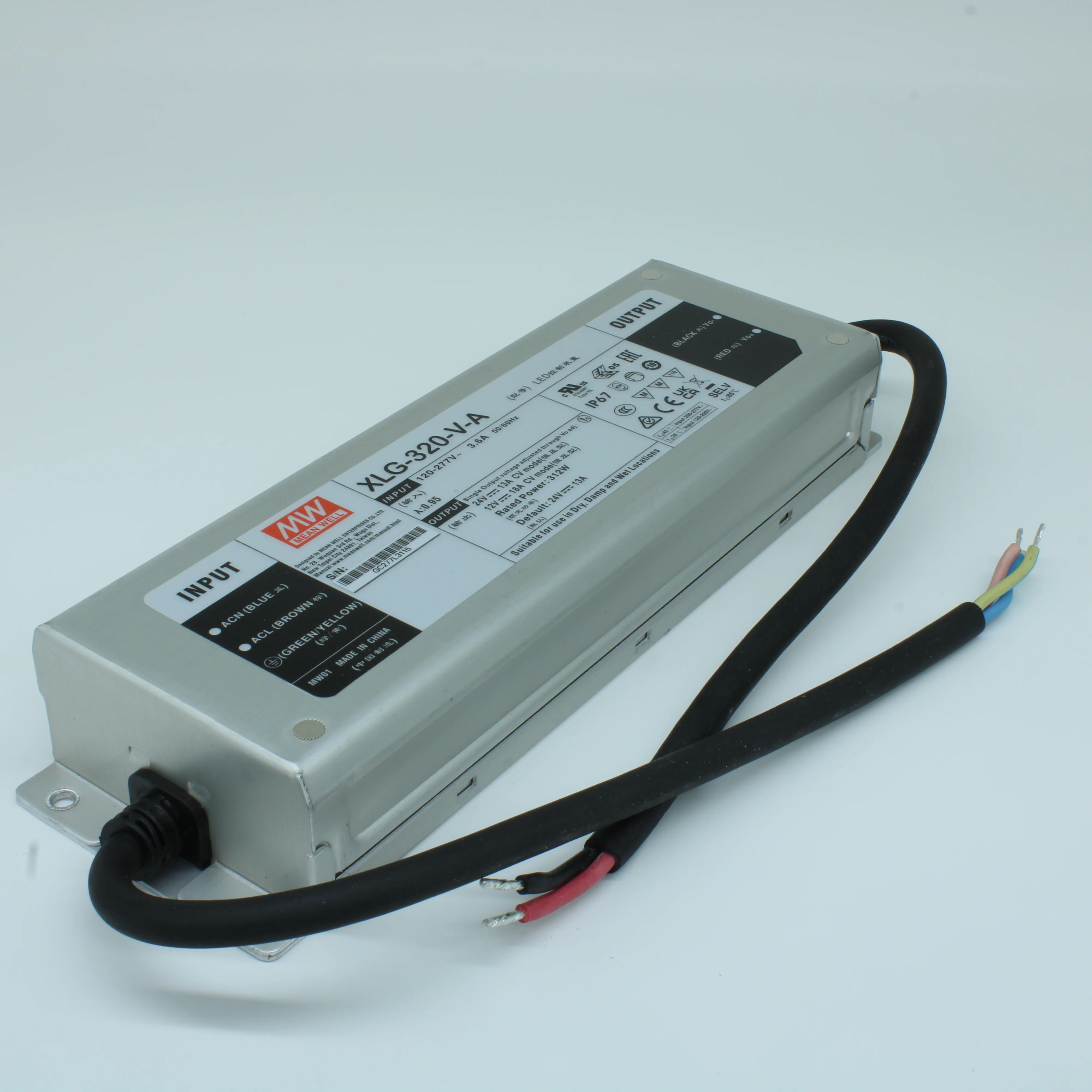XLG-320-V-A - AC-DC, 216…312Вт, IP67, вход 100…305В AC, 47…63Гц, ККМ, выход 12…24В(рег)/13А(при 24В)…18В(при 12В), изоляция 3750В AC, в кожухе 246х77х39.5мм, -40…+85°С (корпус), встр. потенциометр