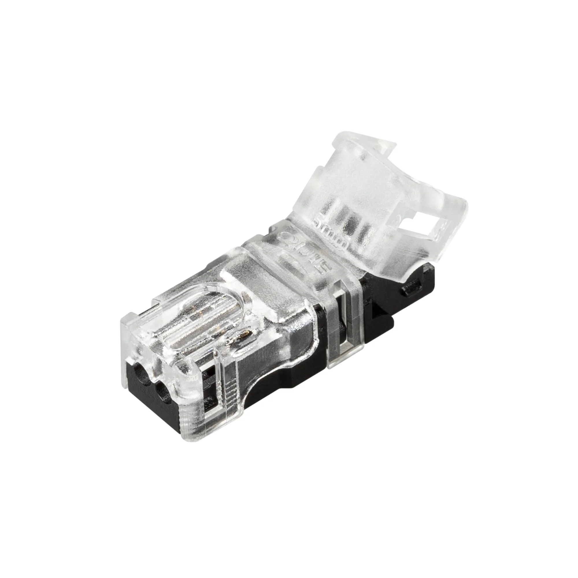 Коннектор ARL-MONO-5-2pin-STW 030705 - Одиночный коннектор (без провода) для подключения питания к одноцветным открытым лентам шириной 5 мм. Очистка провода питания (0,34-0,75 мм2) от изоляции не требуется. Материал - прозрачный пластик. Максимальный допу