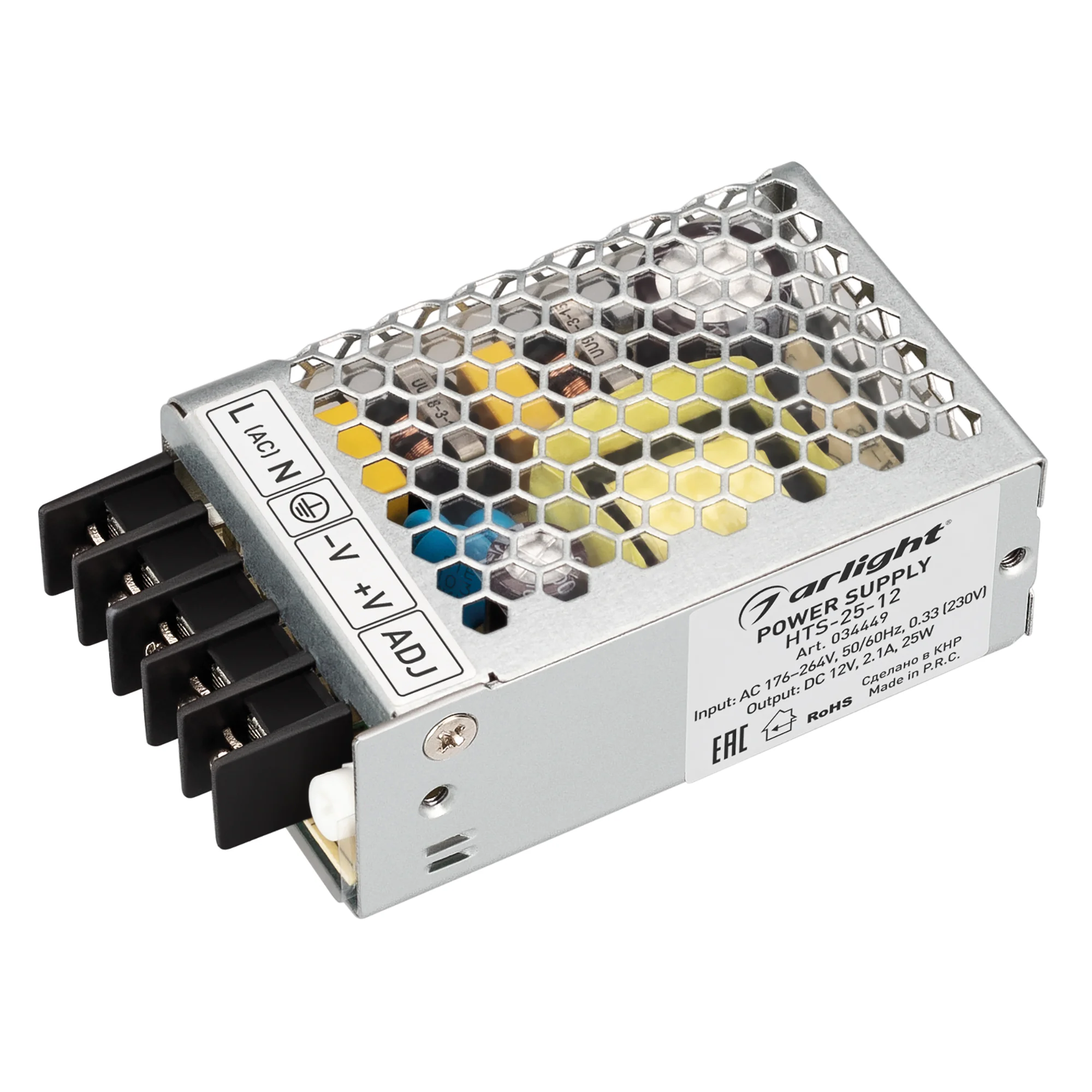 Блок питания HTS-25-12 (12V, 2.1A, 25W) 034449 - Источник напряжения с гальванической развязкой для светодиодных изделий. Входное напряжение 176-264 VAC. Выходные параметры: 12 В, 2,1 А, 25 Вт. Встроенный PFC >0,5. Негерметичный алюминиевый сетчатый корпу