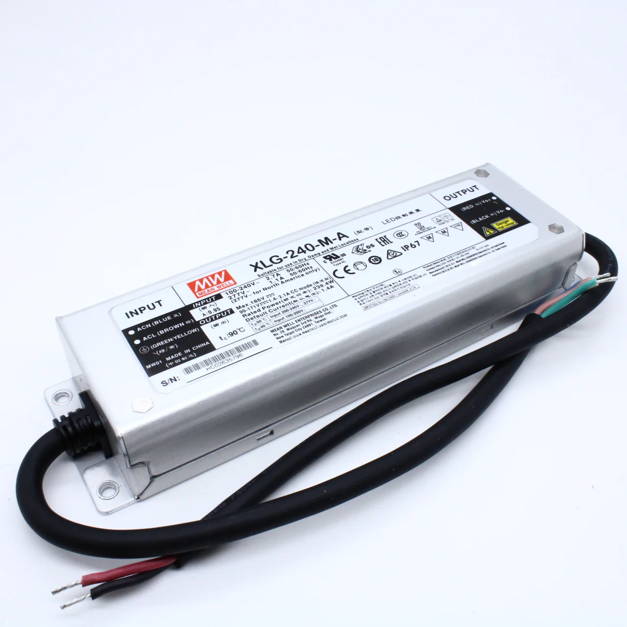 XLG-240-M-A - AC-DC, 239.4Вт, стабилизатор тока, IP67, вход 100…305В AC, 47…63Гц, ККМ, выход 1400…2100мА/90…171В (режим пост. мощности), изоляция 3750В AC, в кожухе 219х63х35.5мм, -40…+90°С (корпус), встр. потенциометр
