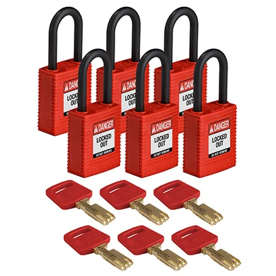 gws150311 - Замки SafeKey нейлоновые с пластиковой дужкой, высота дужки – 38 мм, диаметр дужки – 6.4 мм, нейлоновый корпус, размеры корпуса – 46х38х19 мм, цвет – красный, 6 шт/упак