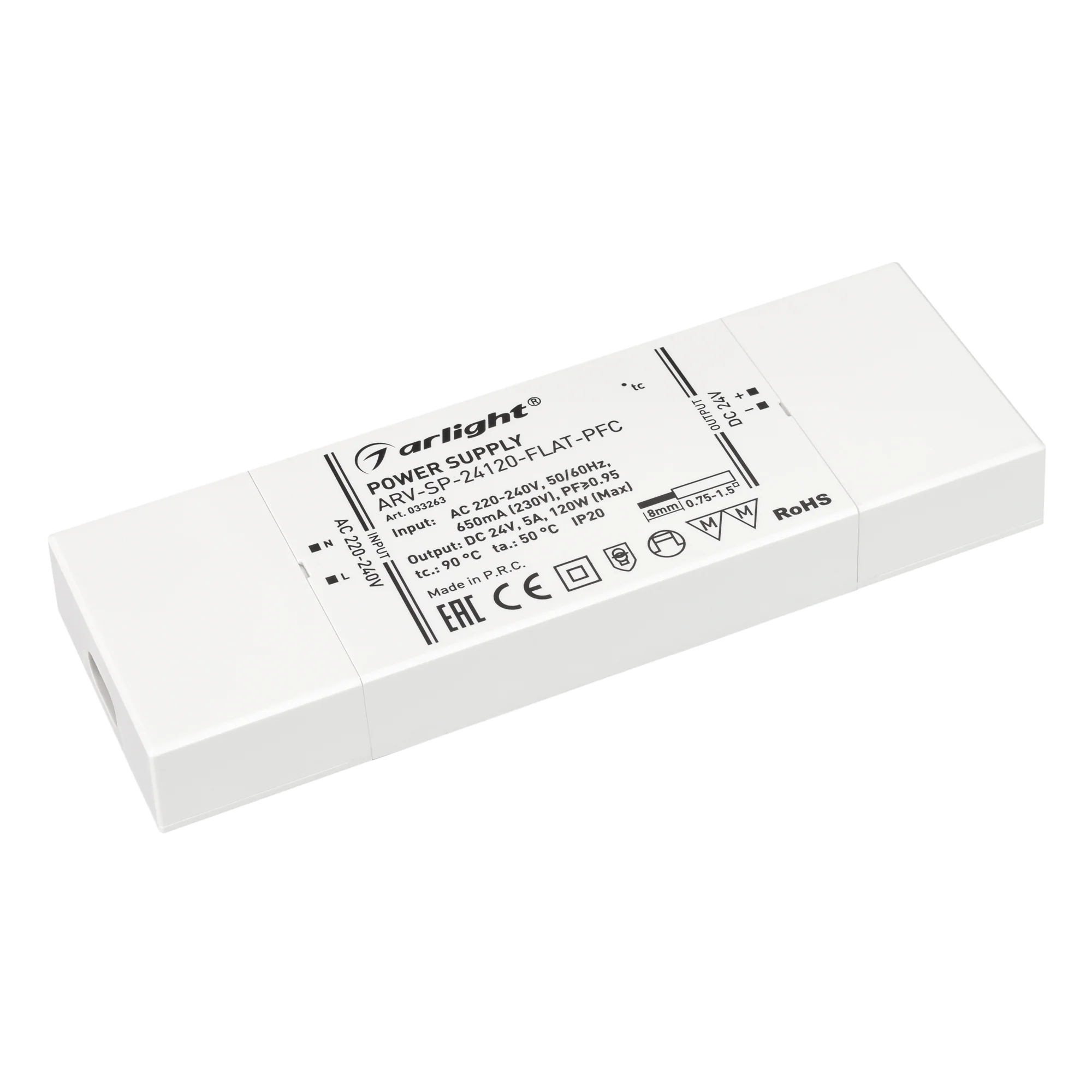 Блок питания ARV-SP-24120-FLAT-PFC (24V, 5A, 120W) 033263 - Источник напряжения с гальванической развязкой для светодиодных изделий. Входное напряжение 220-240 VAC. Выходные параметры: 24 В, 5 А, 120 Вт. Встроенный PFC >0.95. Сверхтонкий пластиковый корпу