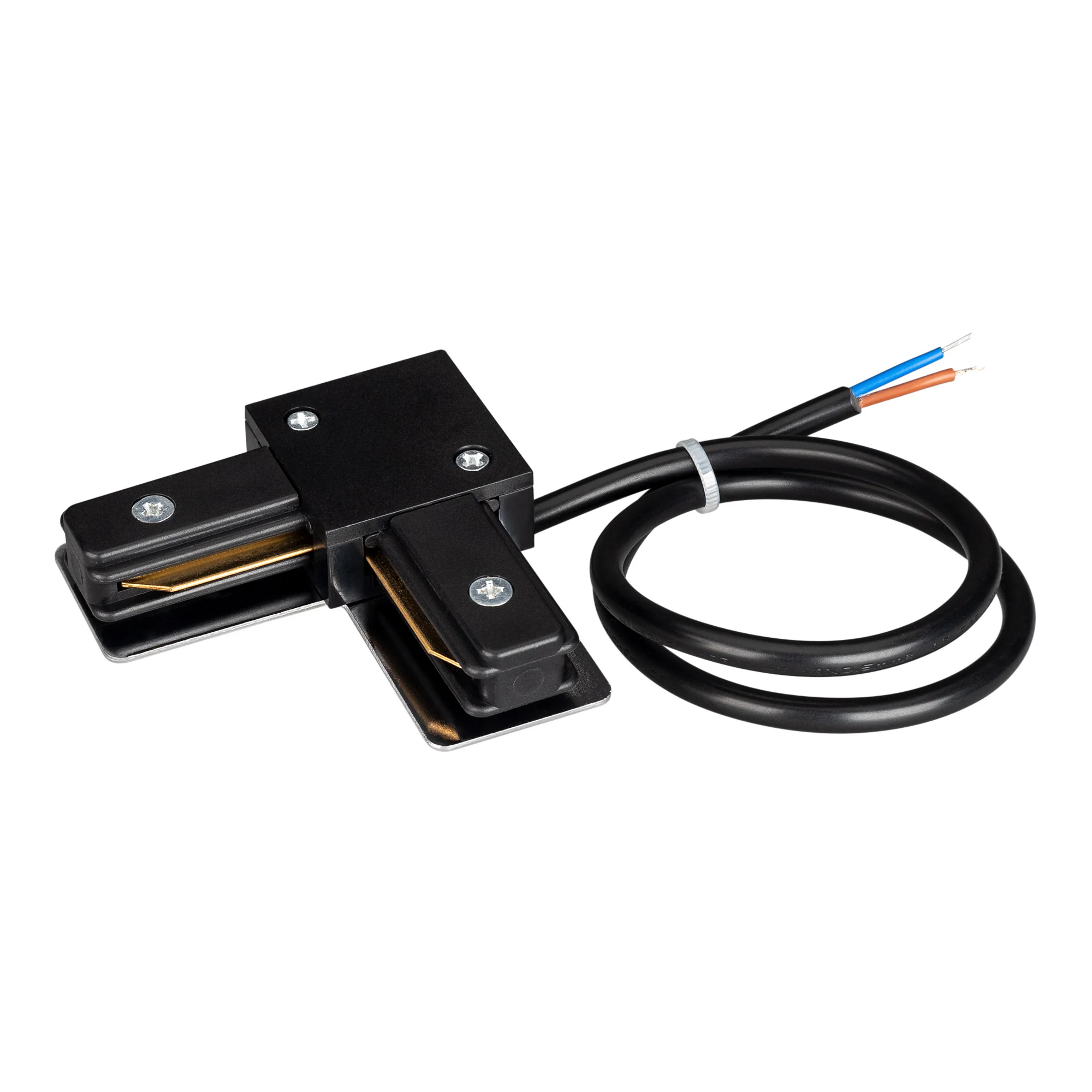 Коннектор угловой с питанием LGD-2TR-CON-L-POWER-BK (C) 039521 - Угловой черный коннектор для соединения 2TRA (на 2 провода) треков LGD под углом 90 градусов с подводом питания. Размеры 70.5x70.5 мм (35-сторона квадрата). 70 х 70 х 15 мм. При использовани