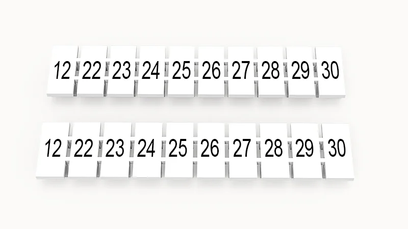 Марк.  полоска ZB6-10P-19-11Z(H) - Маркировочные шильдики для клемм WS…, DC…, PC…, сечением 4 мм кв., центральная, 10 шильдиков нанесенные символы: 21-30, с вертикальным расположением, размер шильдика: 5,55х10,7 мм, цвет белый