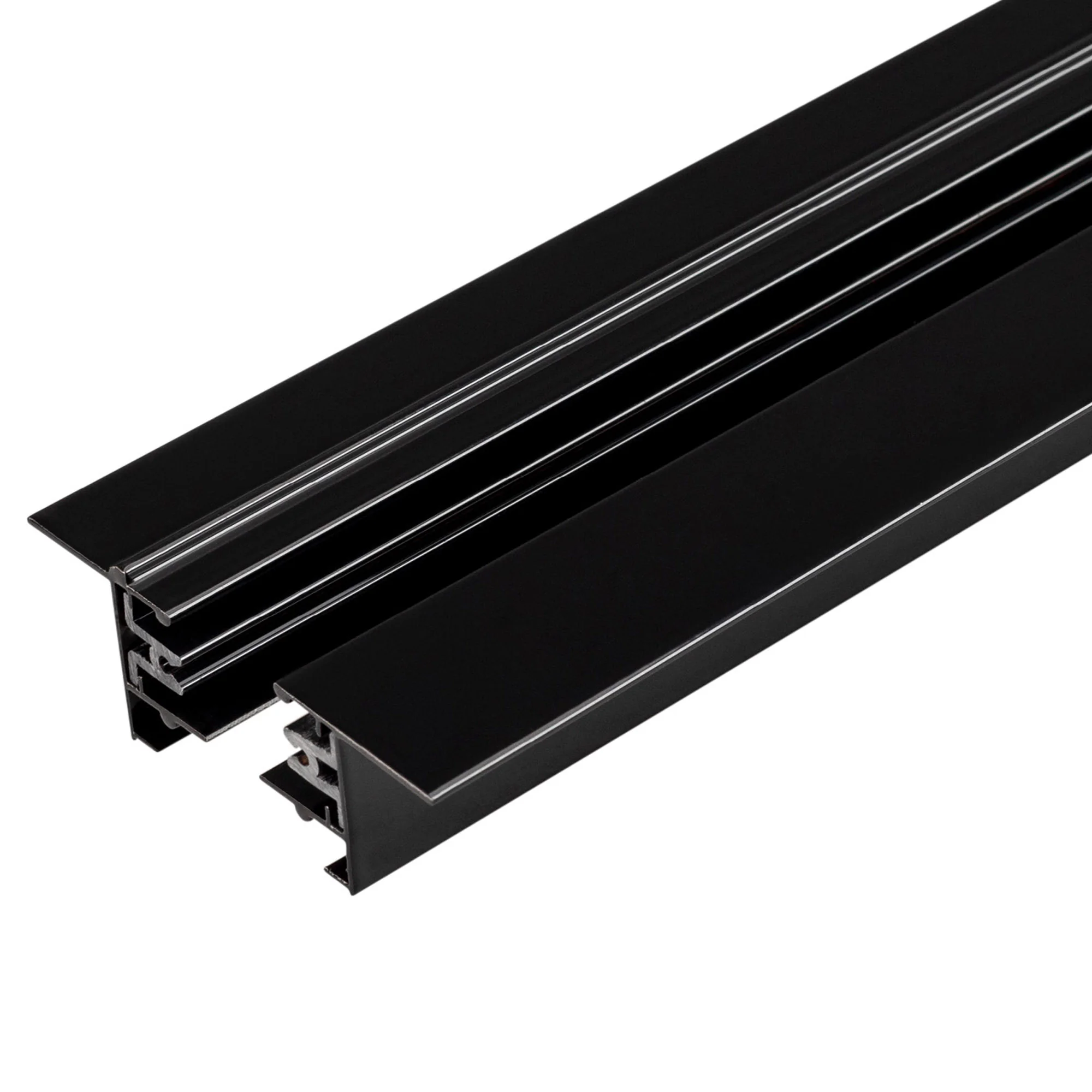 Трек LGD-2TR-TRACK-F-1000-BK-M (C) 038672 - 1 м встраиваемый черный глянцевый трек (шина) для однофазных трековых светильников, 2 провода. Коннектор питания и заглушка приобретаются отдельно. При использовании с треками и аксессуарами другой серии возможн