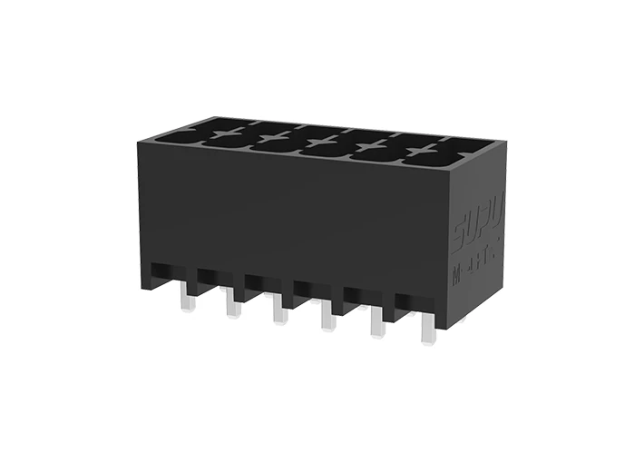 Вилочный разъем на плату MC-DPT3.5V02-BK-2000 - Вилочный разъем, вертикальный, 2 этажа, на плату, шаг: 3.5 мм, 2x2 полюса, фиксация на плате пайкой, исполнение: стандартное, 160V, 8A, цвет: черный