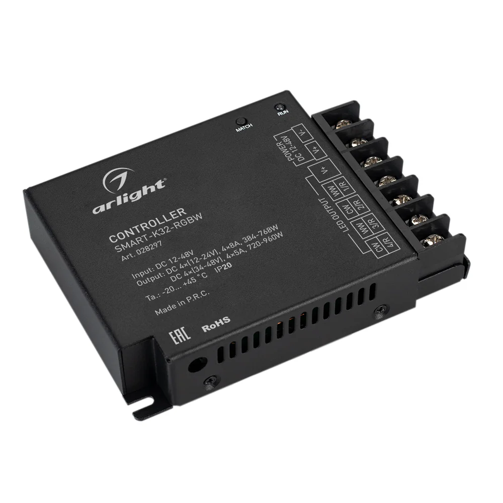 Контроллер SMART-K32-RGBW (12-48V, 4x8A, 2.4G) 028297 - Контроллер для светодиодной RGBW ленты (ШИМ). Питание/рабочее напряжение 12-48VDC, максимальный ток 8A на канал для 12-24V и 5А на канал для 36-48V, 4 канала, максимальная мощность 384-768W для 12-24