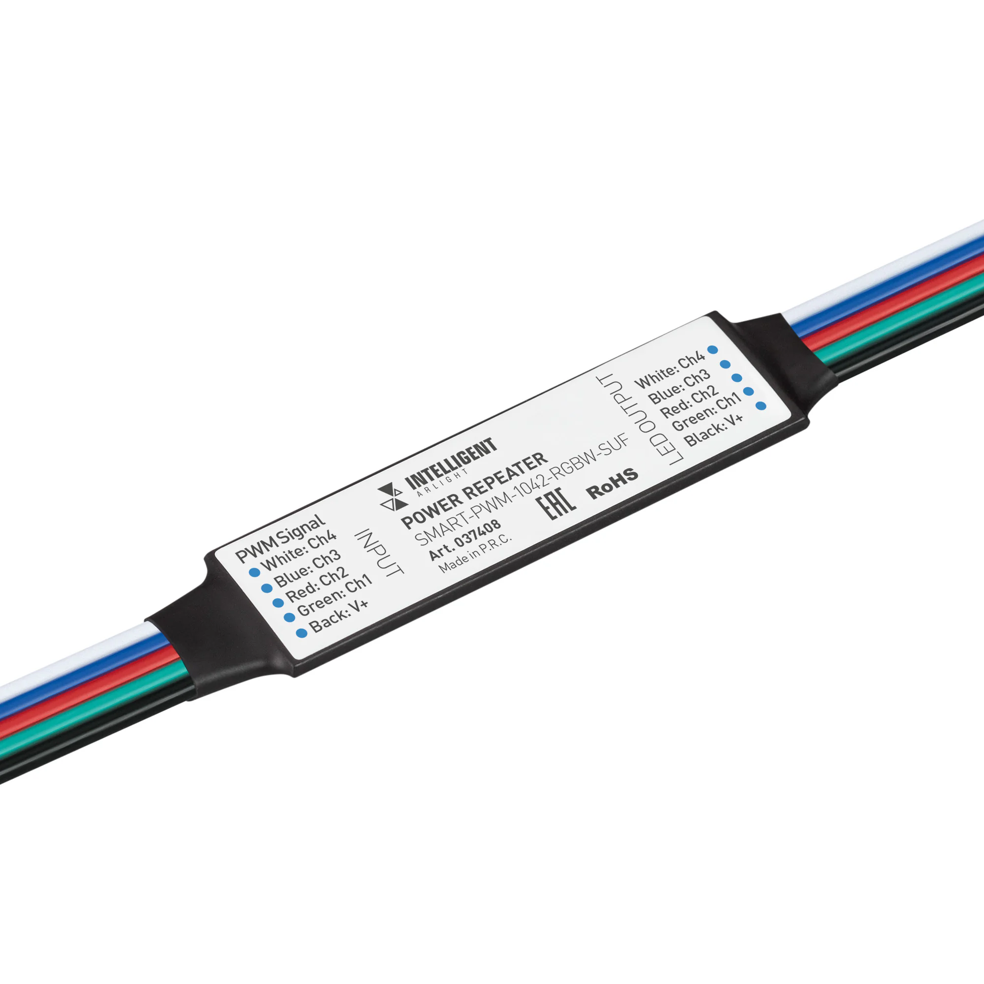 INTELLIGENT ARLIGHT Усилитель SMART-PWM-1042-RGBW-SUF (12-24V, 4x1A) 037408 - Четырехканальный усилитель для контроллеров SMART-RGBW (12-24VDC). Питание 12-24VDC. 4 канала, ток нагрузки 4x1A, мощность нагрузки 48-98W. Размер 54x15x3 мм.