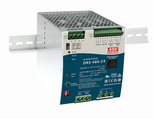 DRS-480-24 - AC-DC с функцией UPS, 480Вт, выход 24В/20A, вход 90…305В АС/127…431В DC, максимальный зарядный ток 15.4А, MODBus, изоляция 3000В АС, в корпусе 110х125.2х150.7мм, -30...+70°С