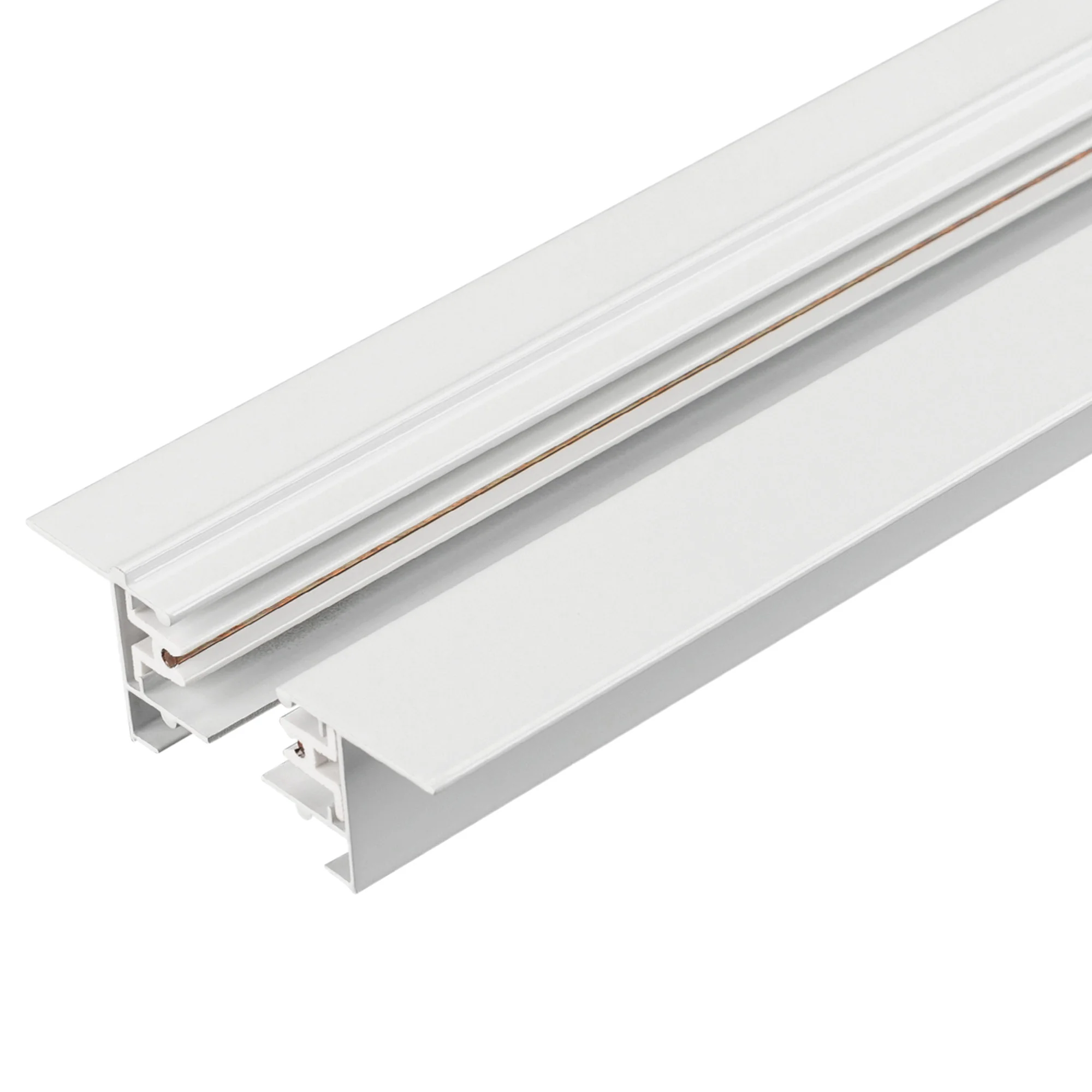 Трек LGD-2TR-TRACK-F-2000-WH-M (C) 038671 - 2 м встраиваемый белый глянцевый трек (шина) для однофазных трековых светильников, 2 провода. Коннектор питания и заглушка приобретаются отдельно. При использовании с треками и аксессуарами другой серии возможно