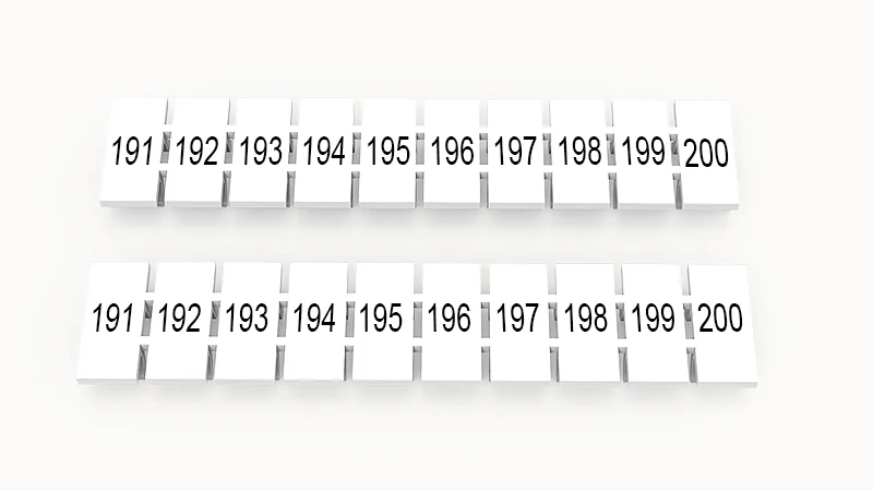 Марк.  полоска ZB5-10P-19-52Z(H) - Маркировочные шильдики для клемм WS…, DC…, PC…, сечением 2,5 мм кв., центральная, 10 шильдиков, нанесенные символы: 191-200 с вертикальным расположением, размер шильдика: 4,55х10,7 мм, цвет белый